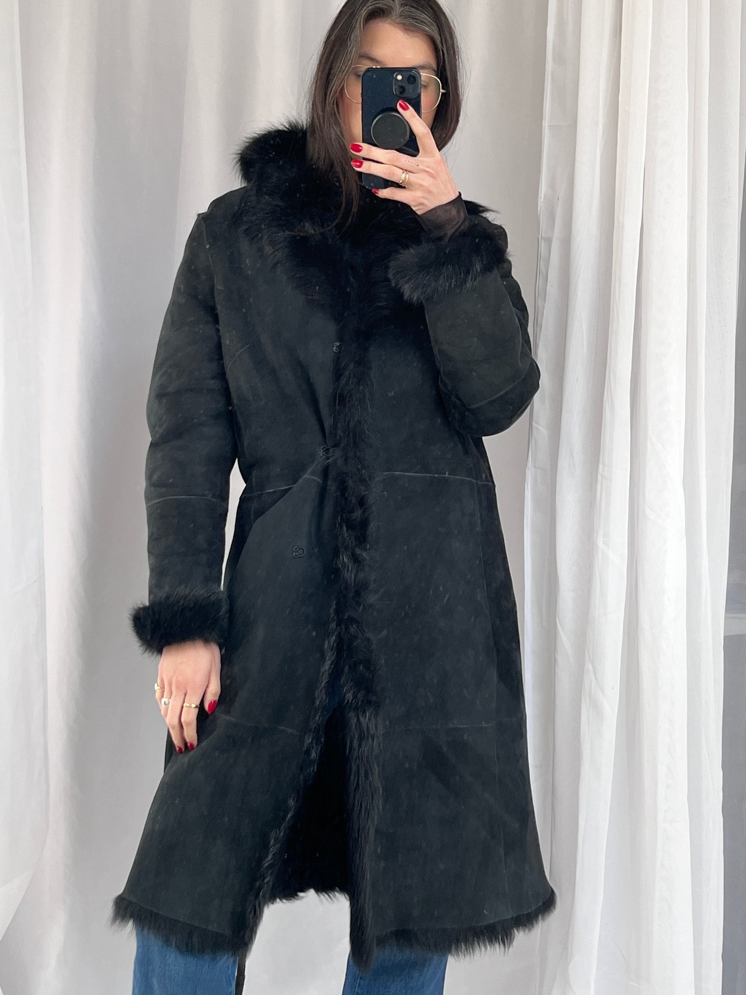 Black Lambskin Wrap Coat