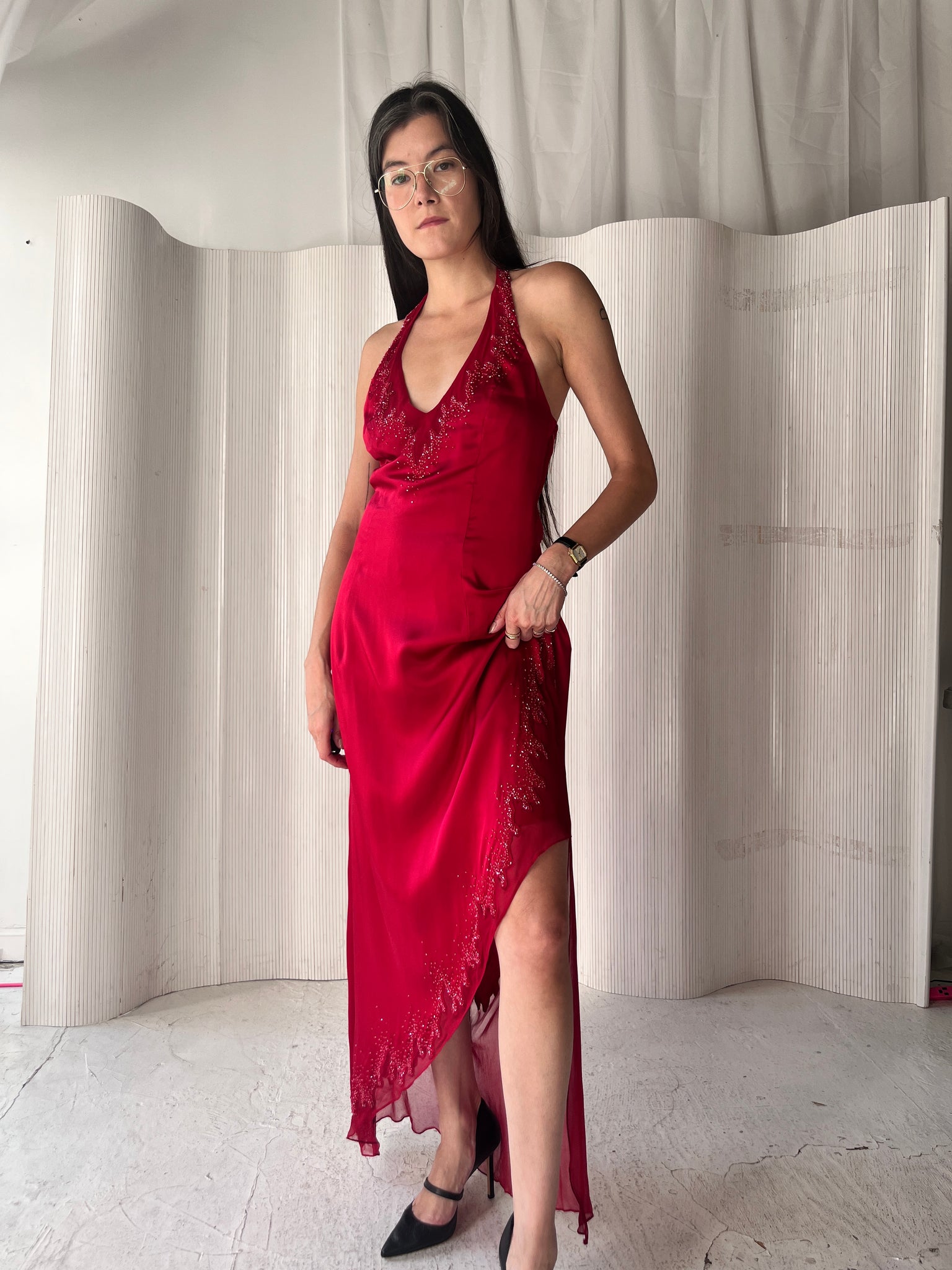 Silk Garnet Halter Gown