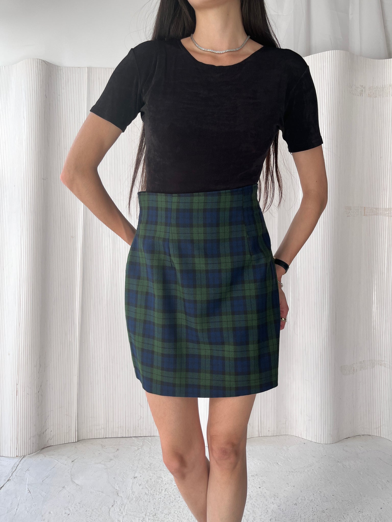 Green & navy plaid skirt suit