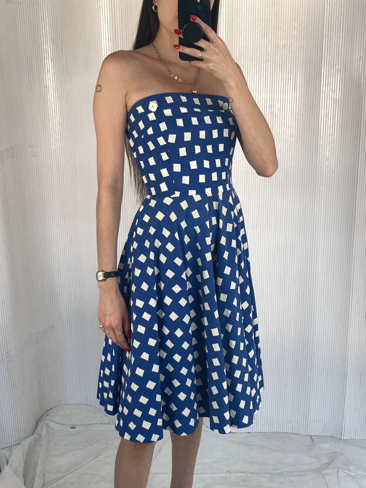 vintage 1950s square print boned strapless day dress