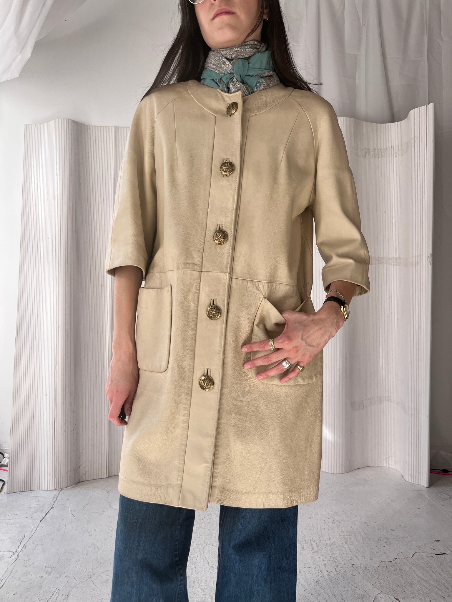 Cream leather car coat