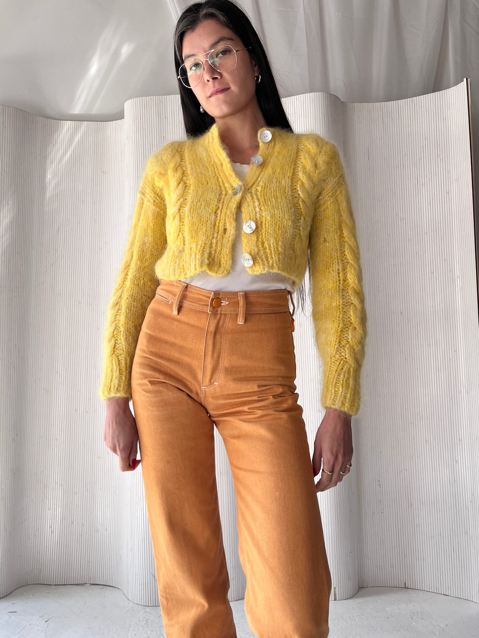 Frisson Knits Cropped Yellow Cardigan