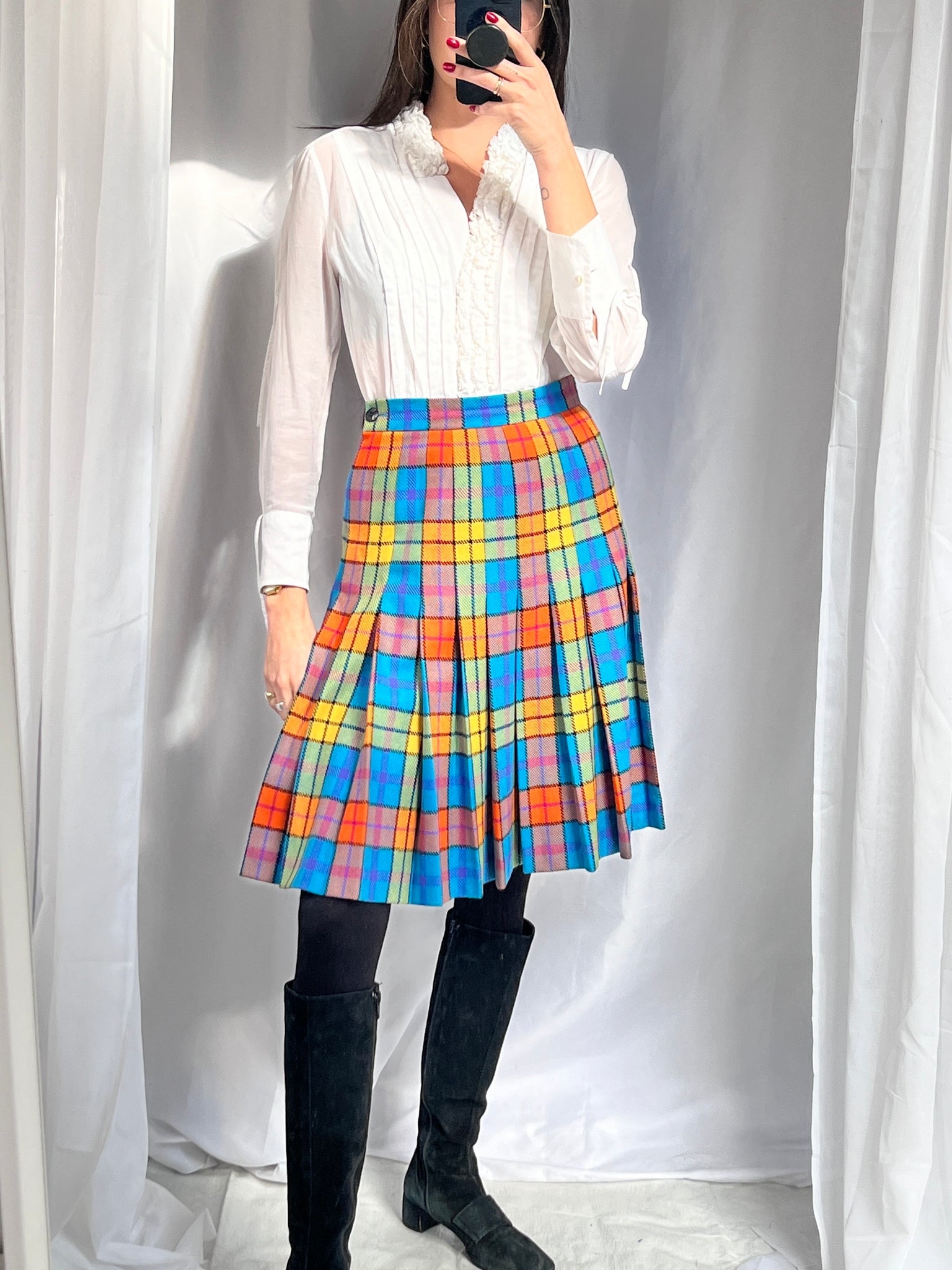 Escada Colorful Plaid Pleated Skirt