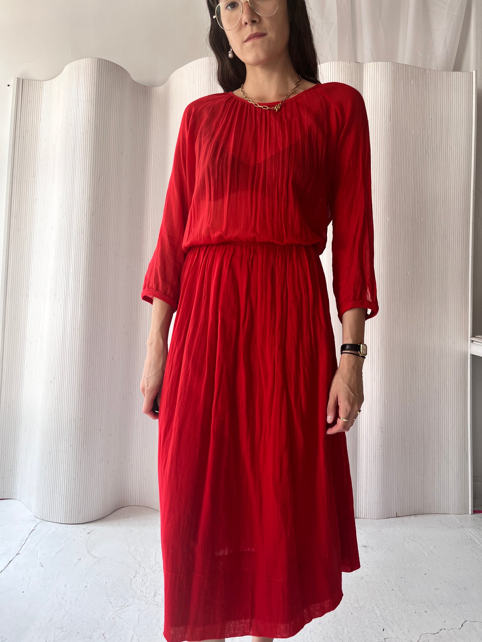 Red Sheer Blouson Dress