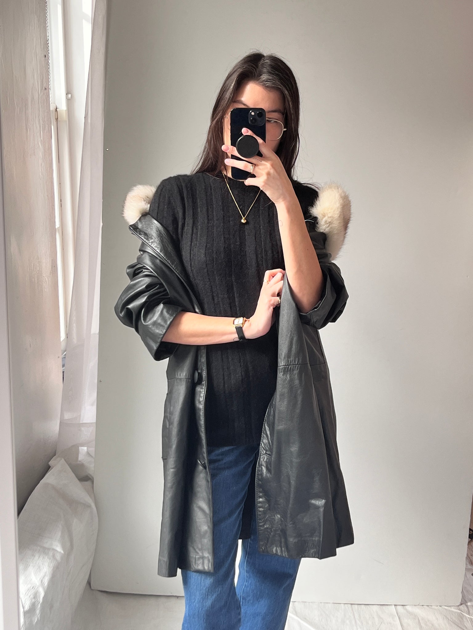 D’esprit leather and fur coat