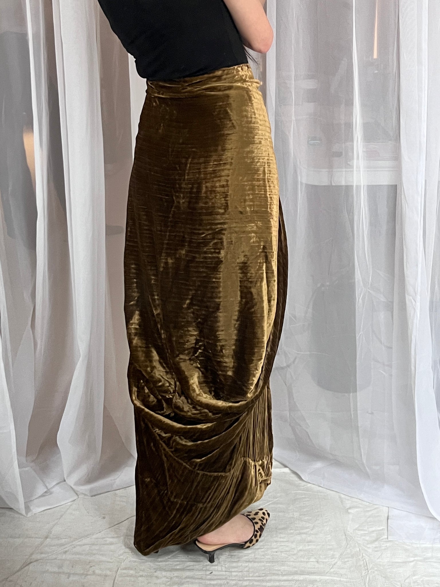 Handmade sculptural crushed velvet maxi skirt
