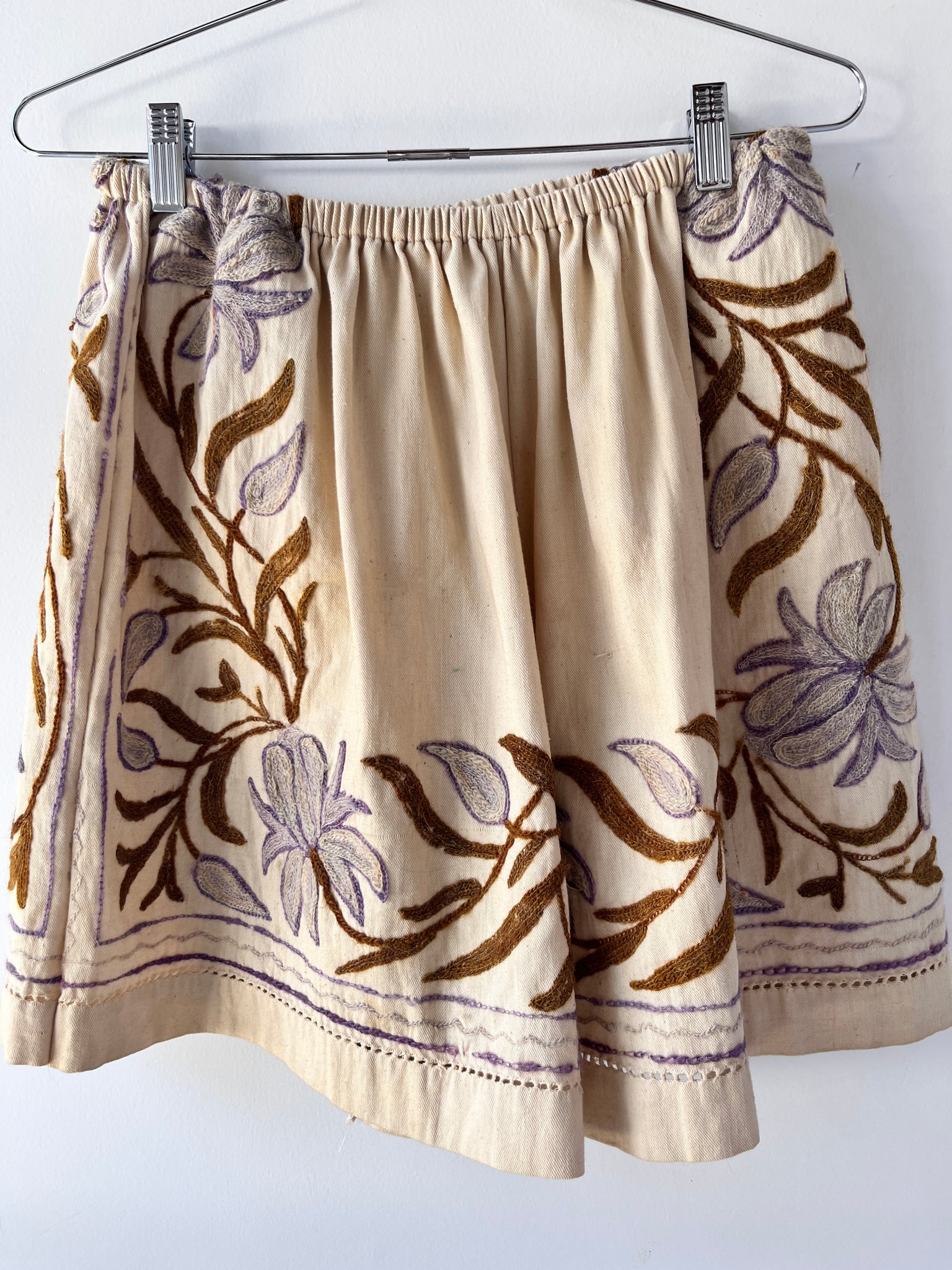 Handmade floral purple crewel wool embroidered shorts