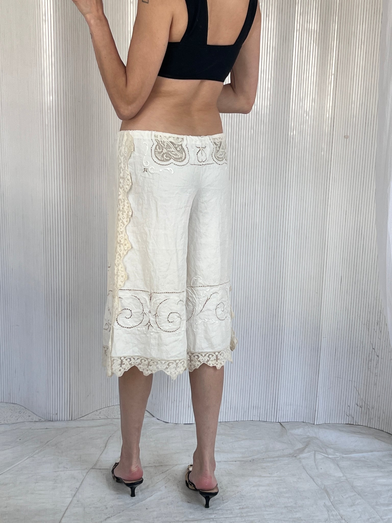 Handmade zig zag lace trim shorts with drawstring waist