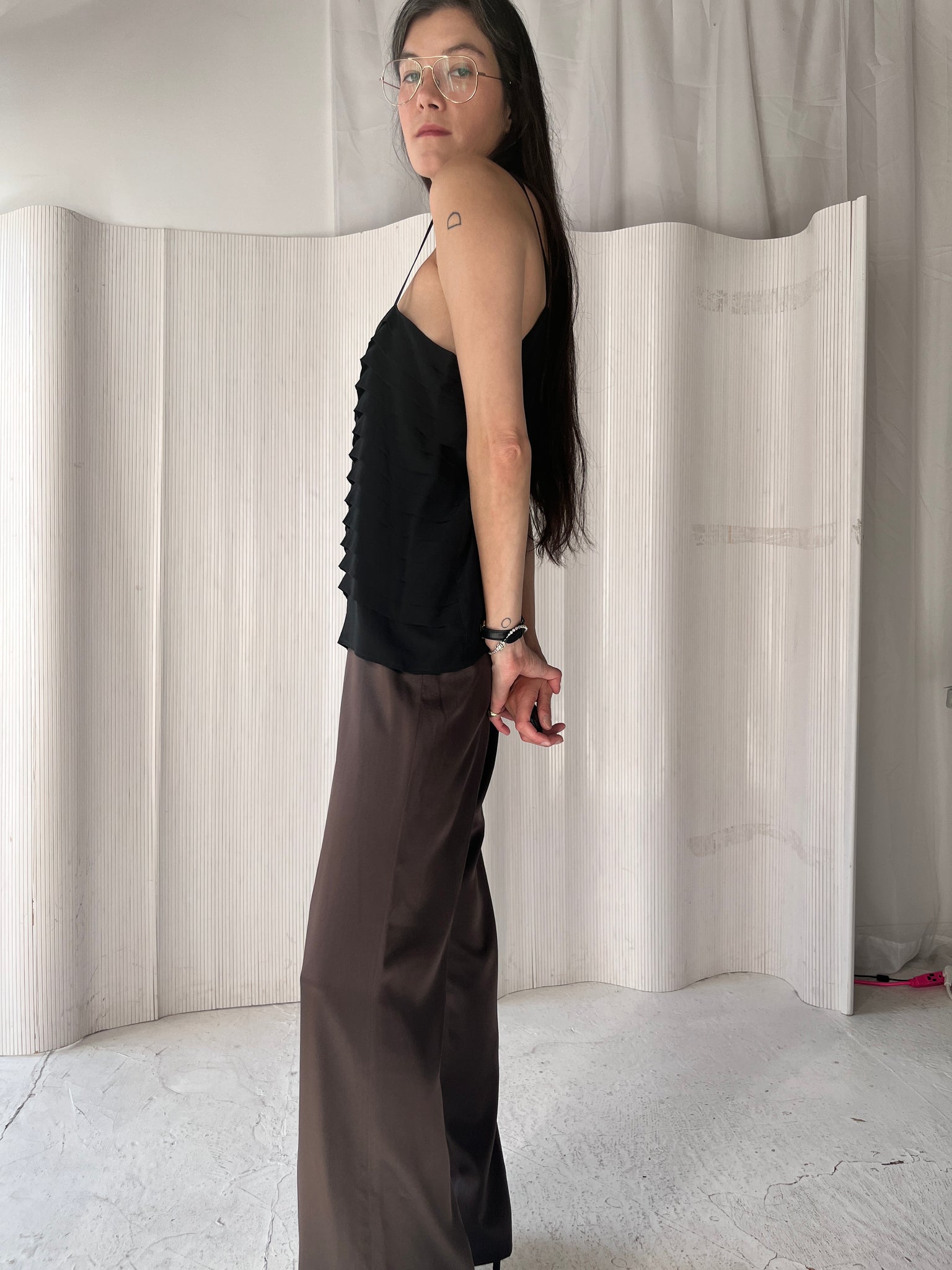 Black square tiered silk tank