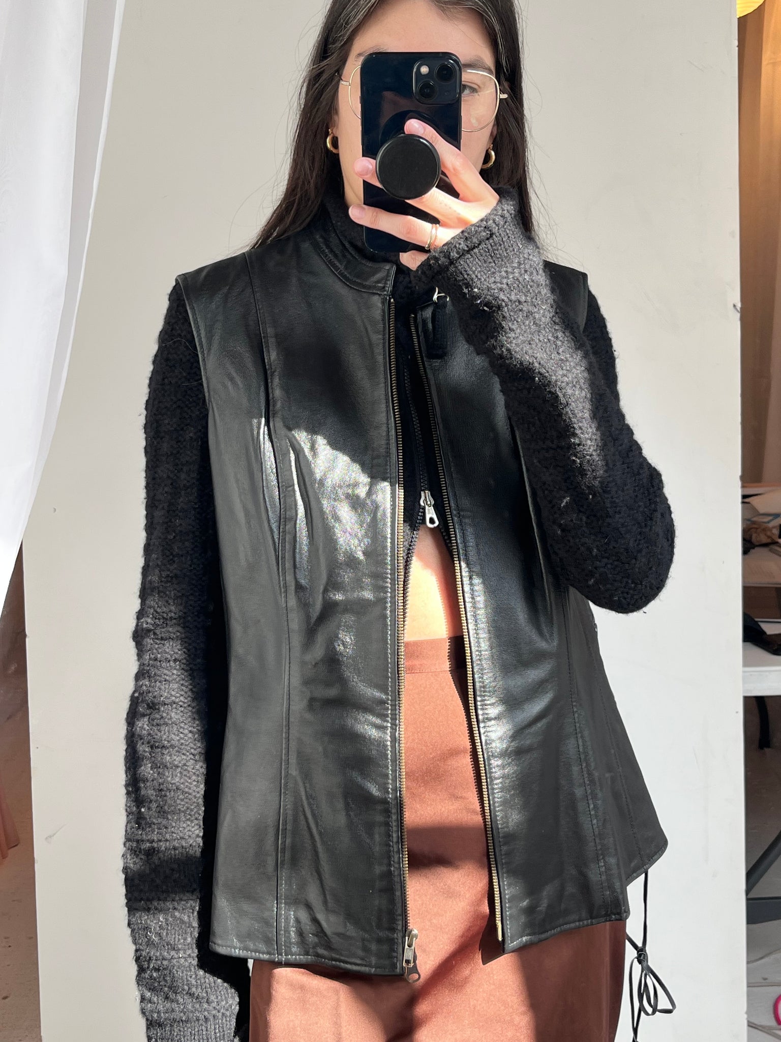 Lace-up black leather vest