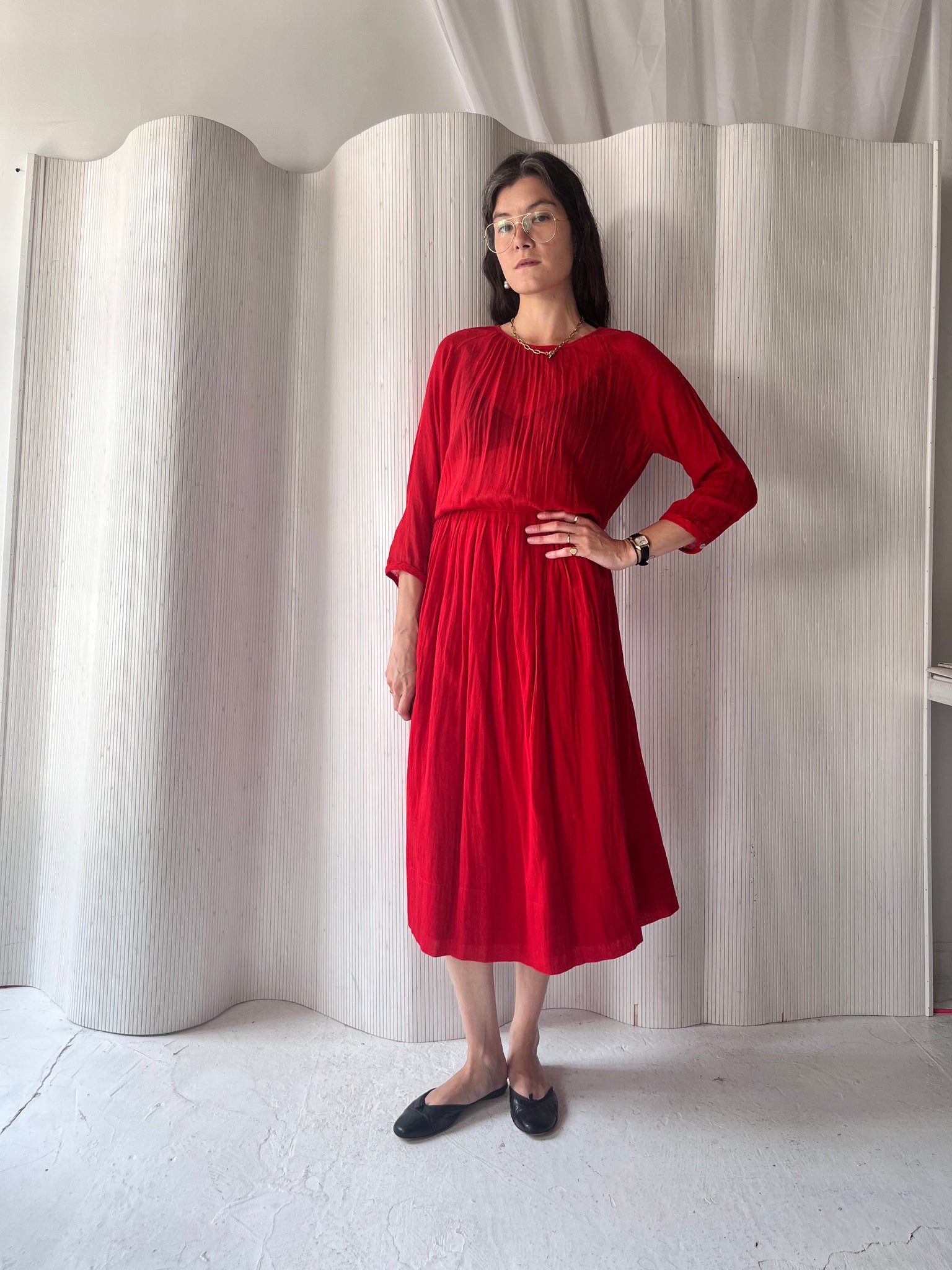 Red Sheer Blouson Dress