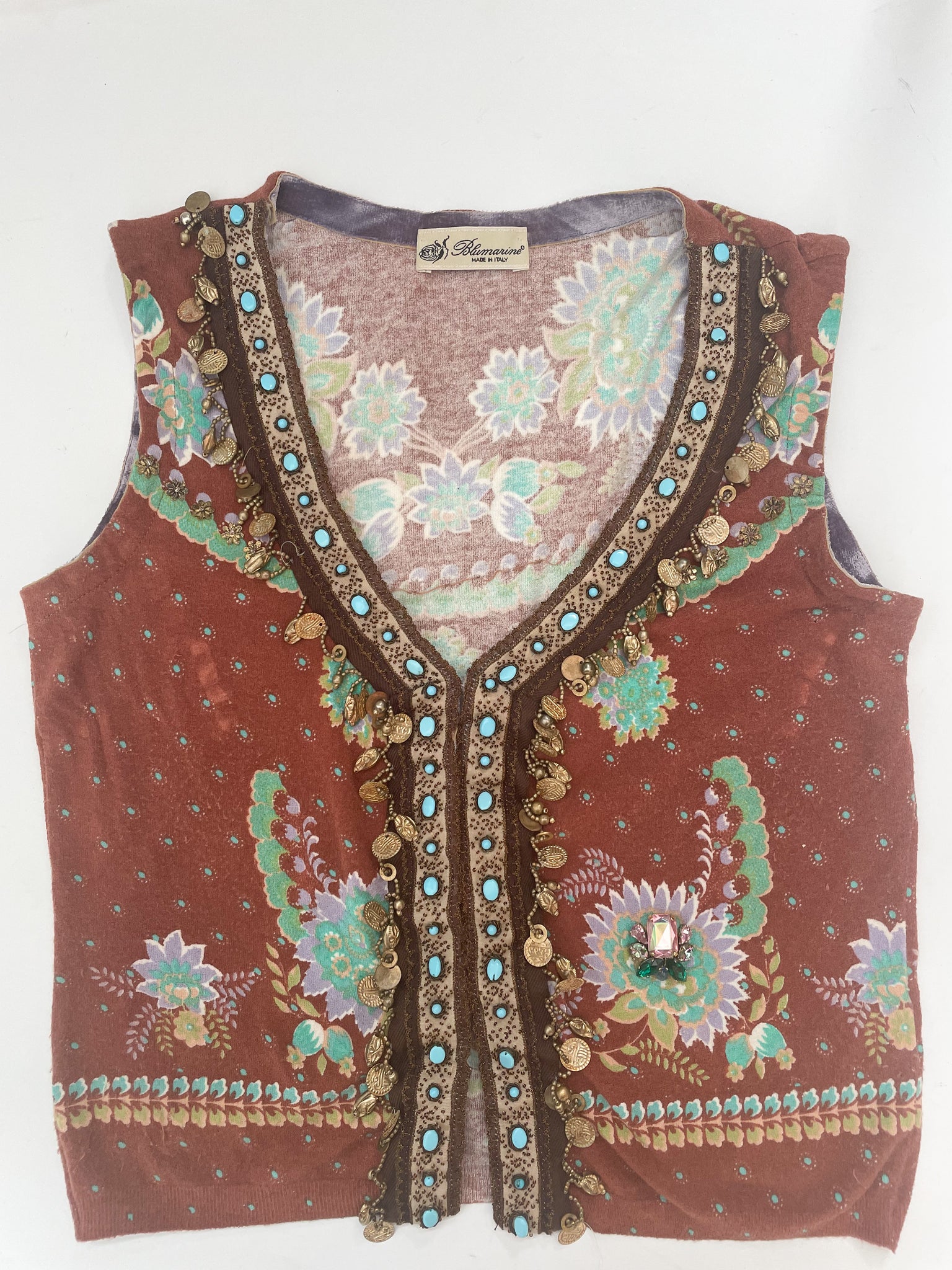 Blumarine S/S 2005 Runway boho print knit top with incredible coin and turquoise embellishments