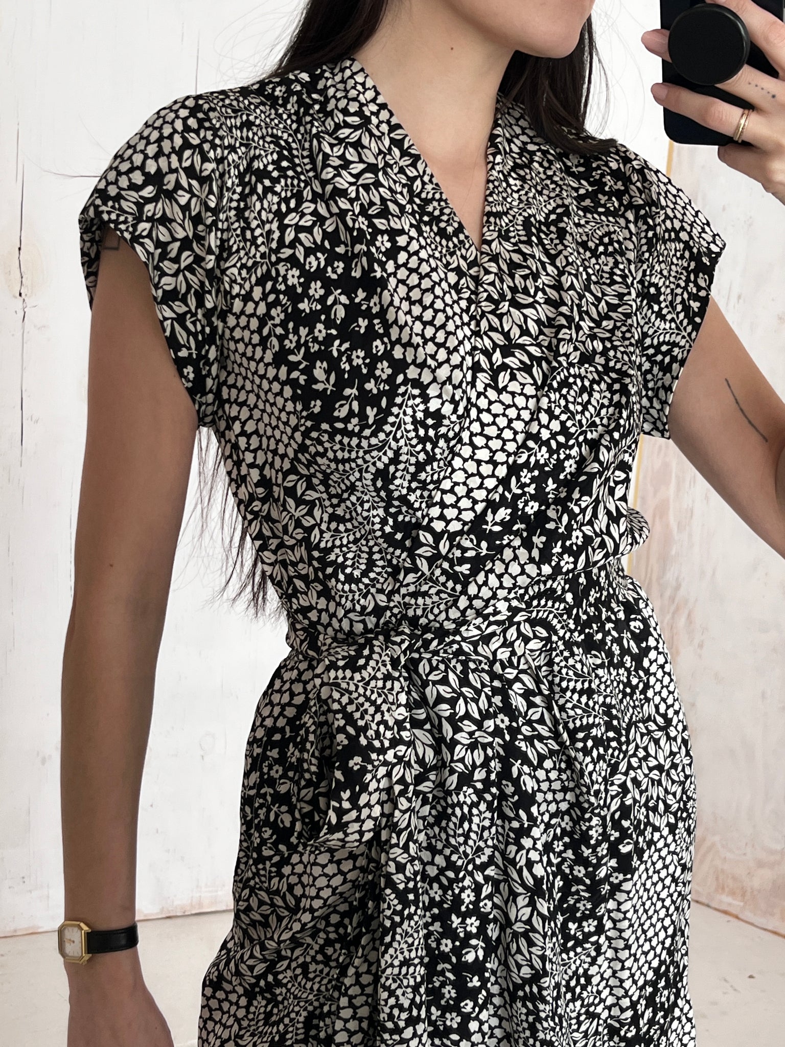 80s Givenchy B&W Graphic Silk Wrap-front Mini Dress