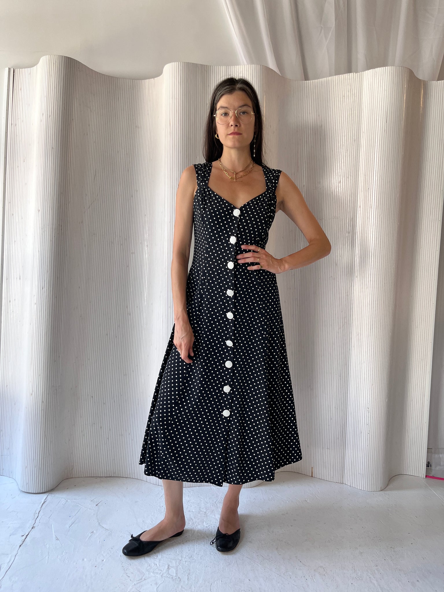 Black polka dot dress with buttons