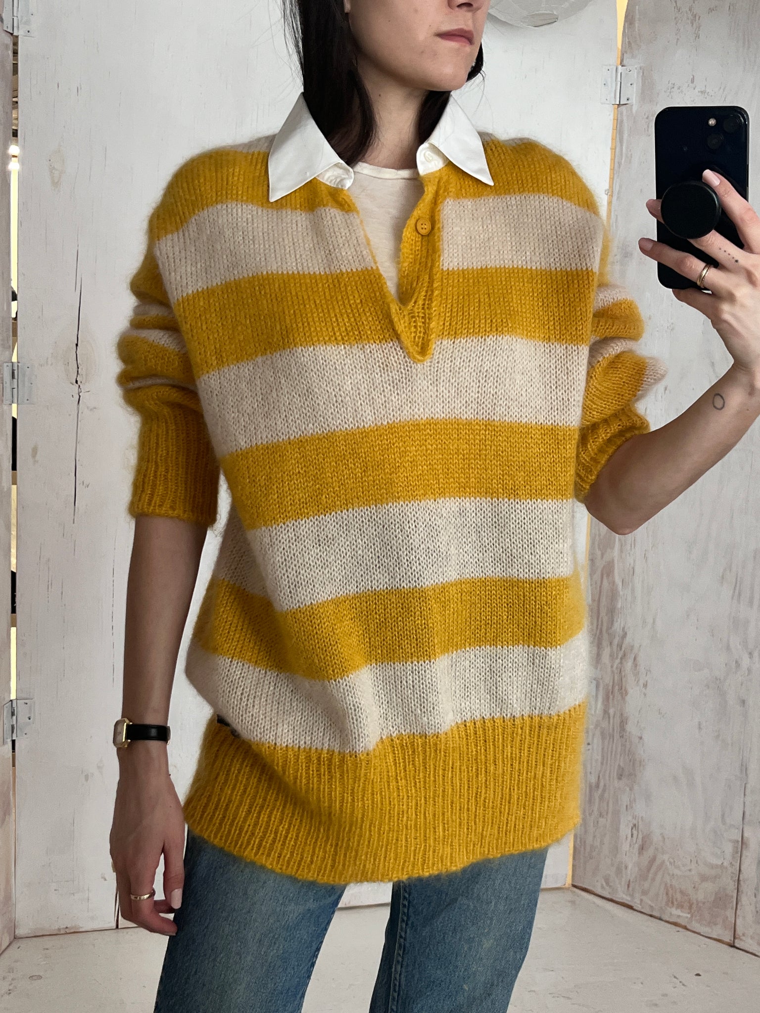 Unisex Fendi Striped Yellow and Cream Mohair Sweater with Collar