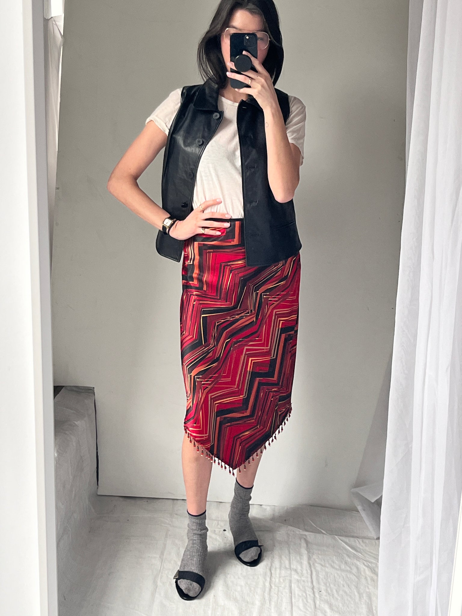 Red & Black Geometric Skirt with Beads