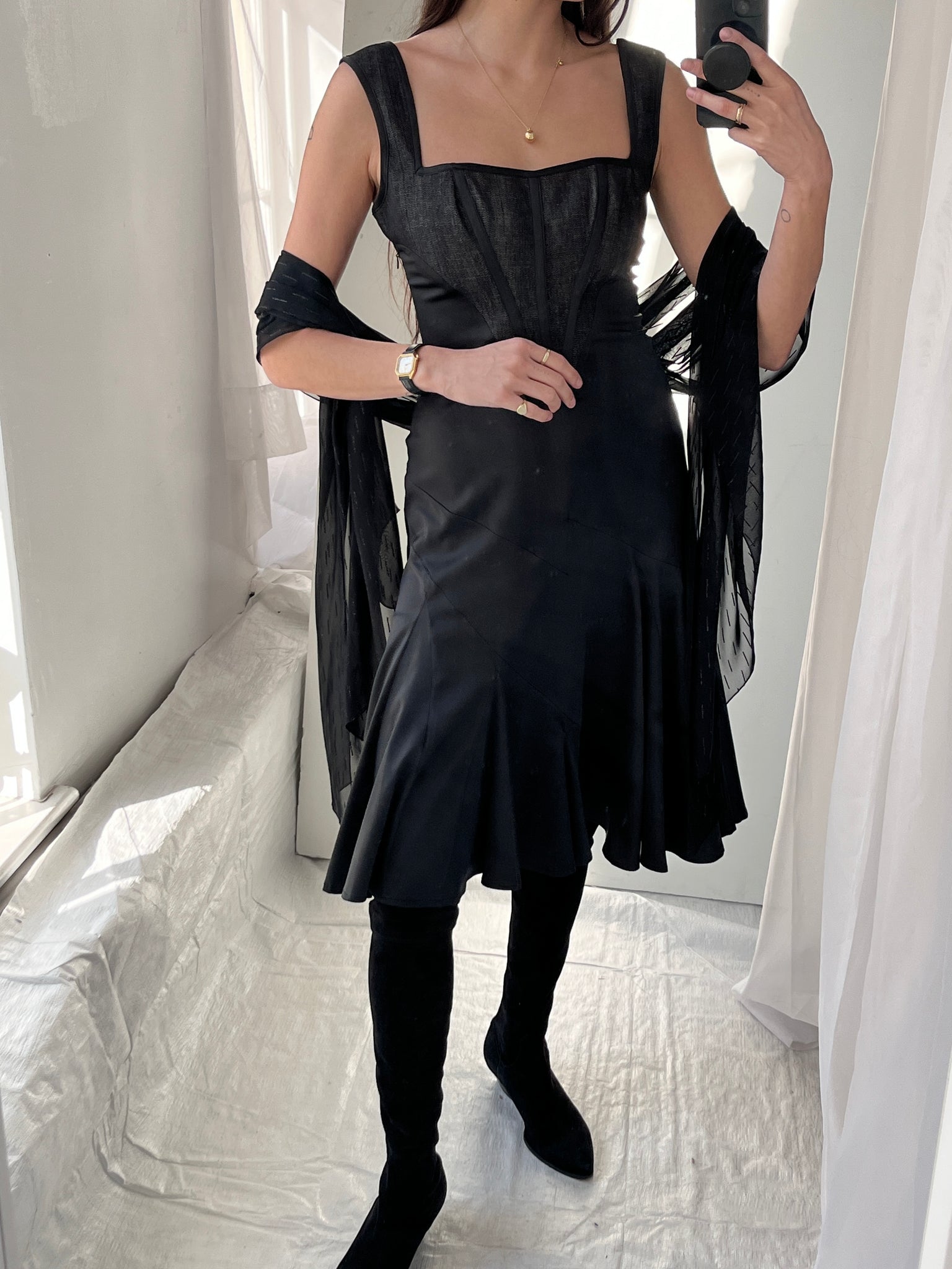 Roberto Cavalli Corseted Black Dress & Matching Glitter Stole