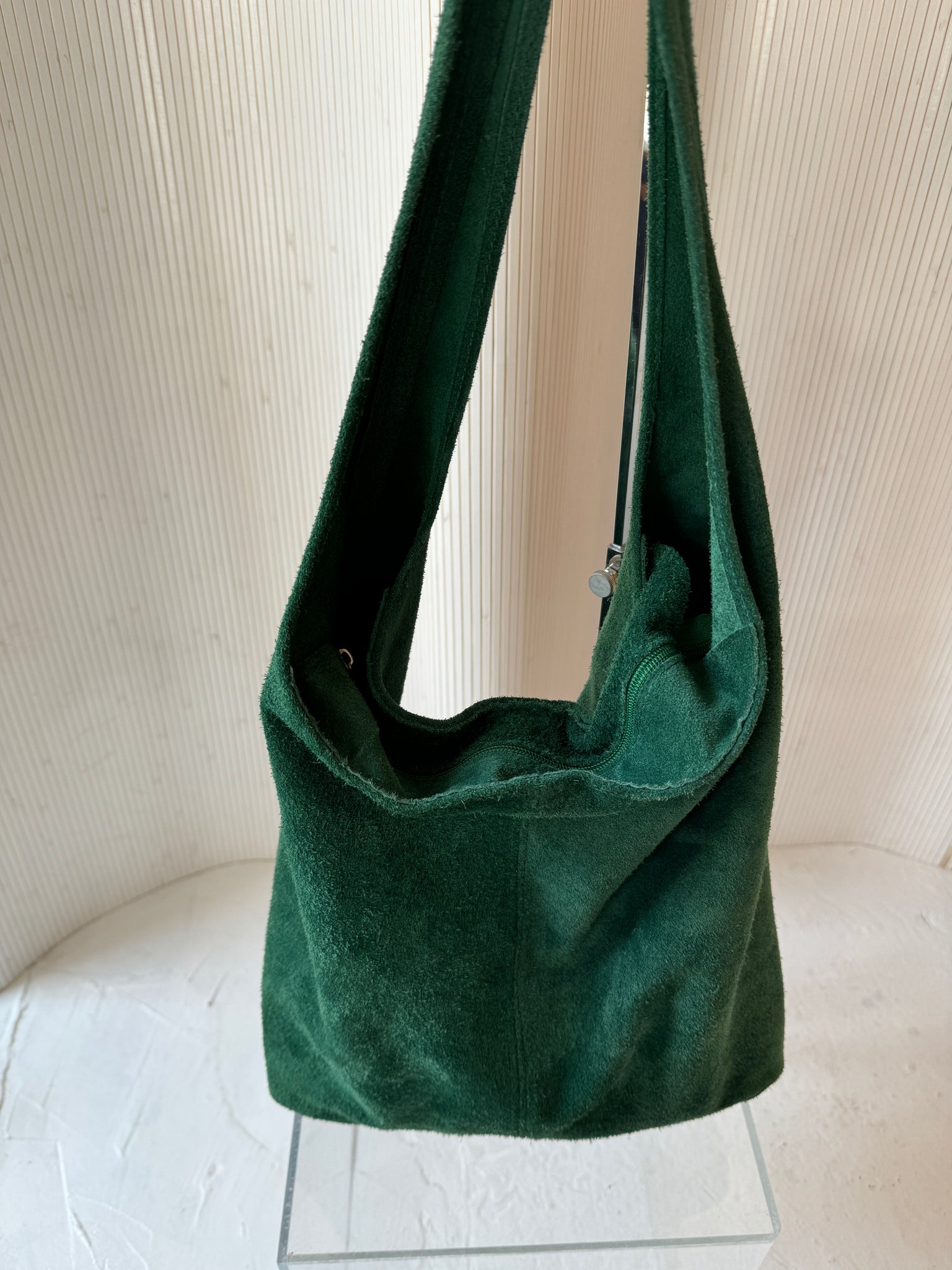 Handmade greek green suede hobo bag