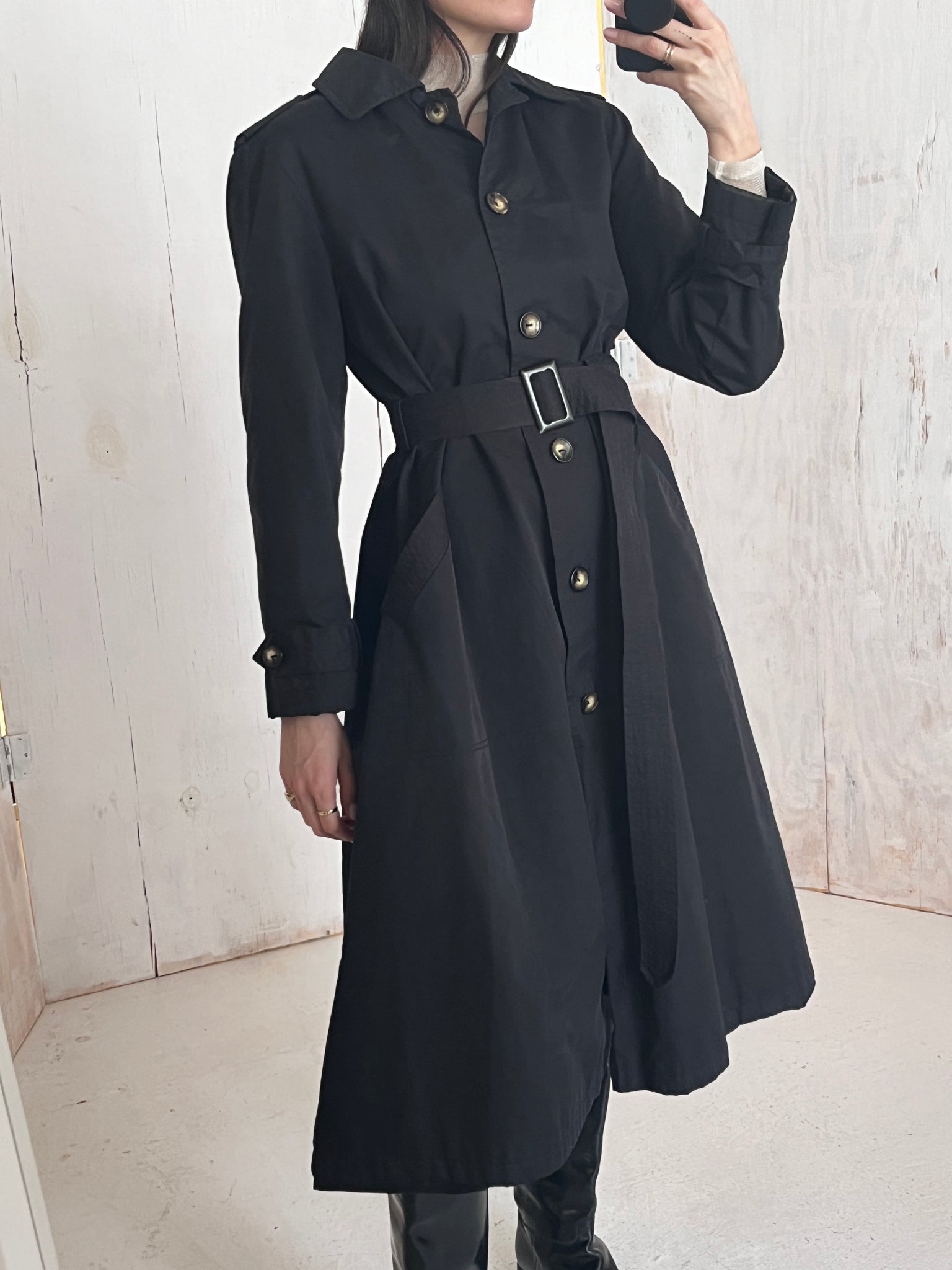 90s DKNY Matte Black Trench Coat Dress