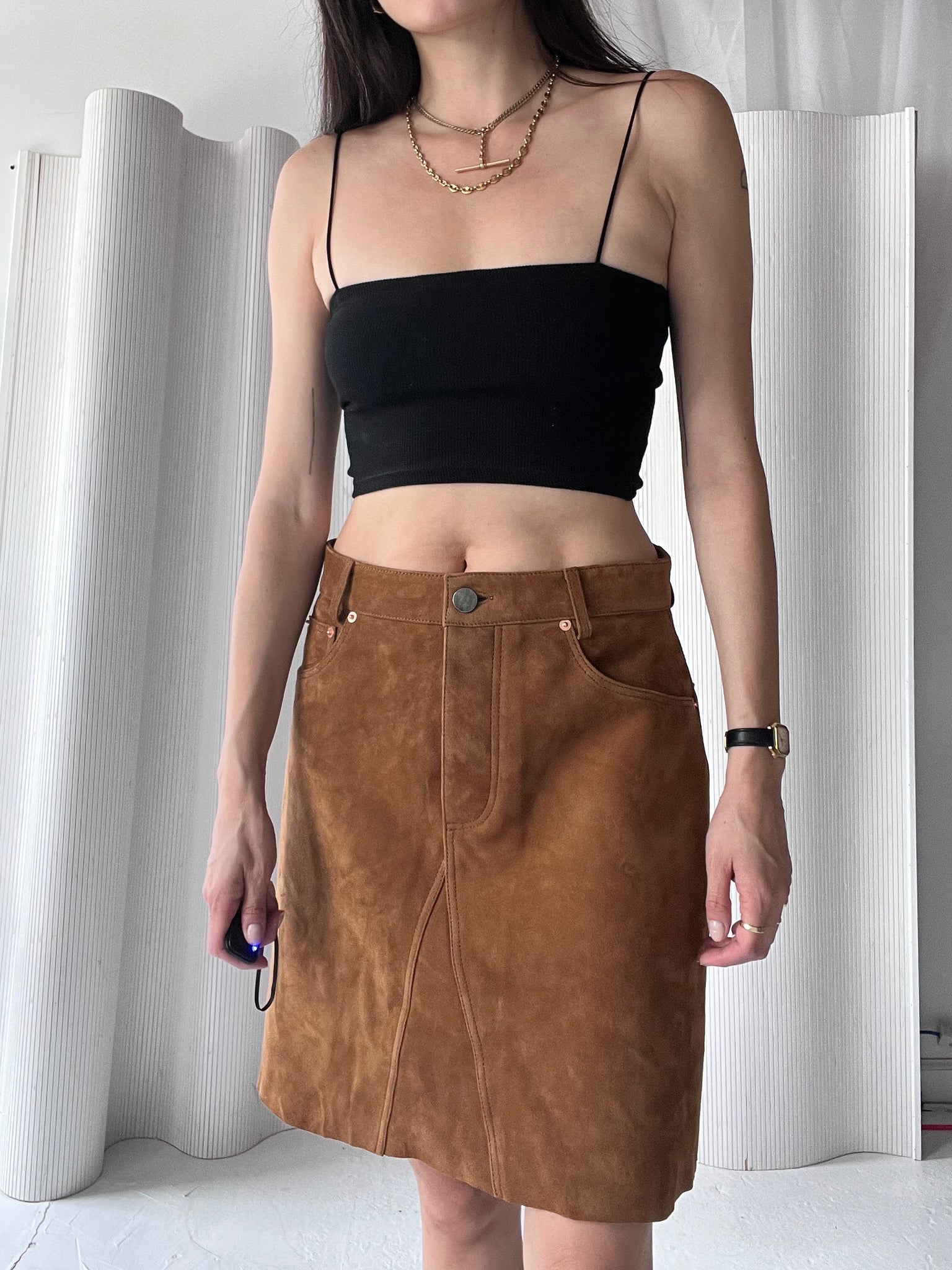 suede brown midi skirt