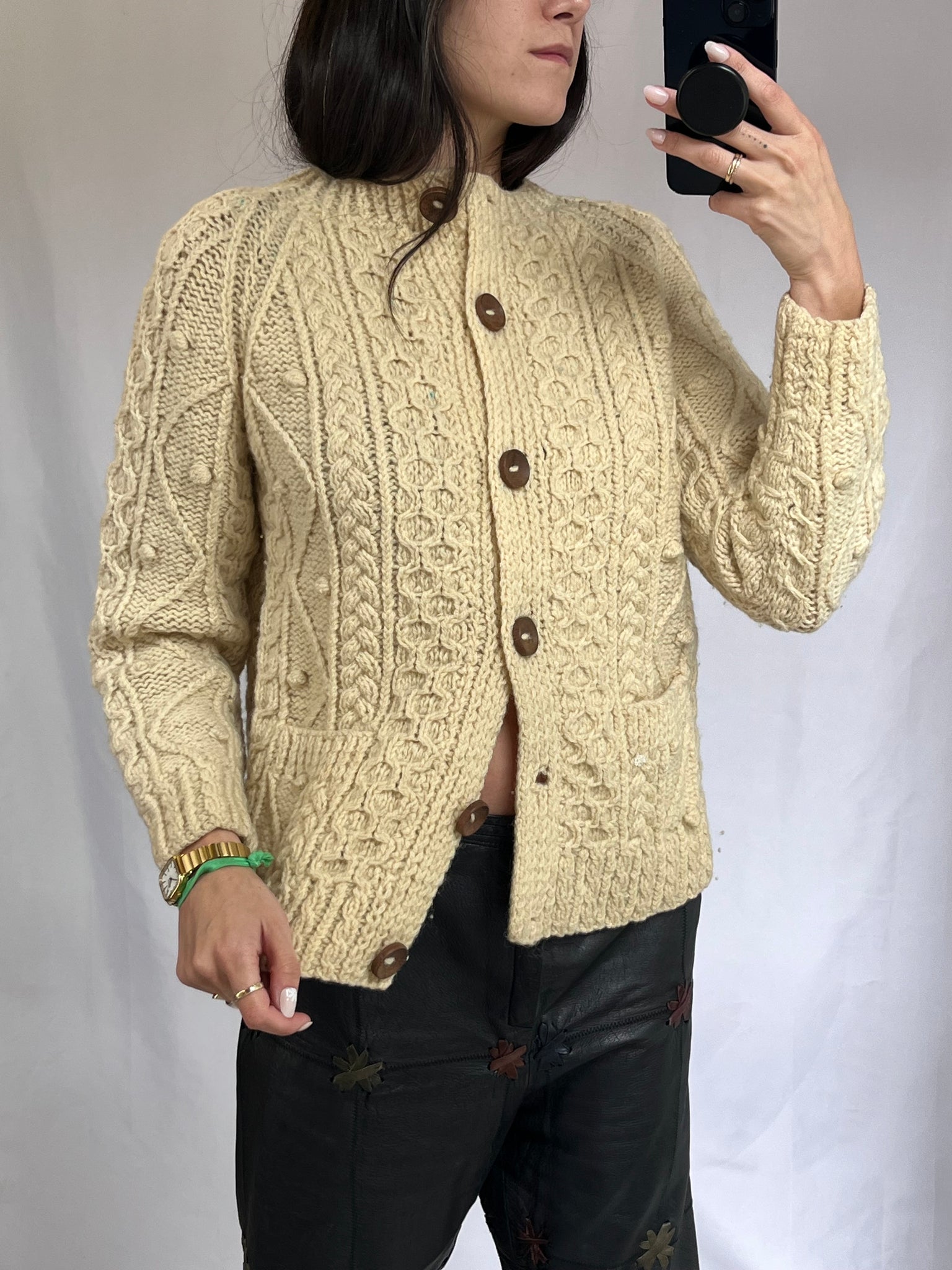 Vintage cream cable knitted wool cardigan
