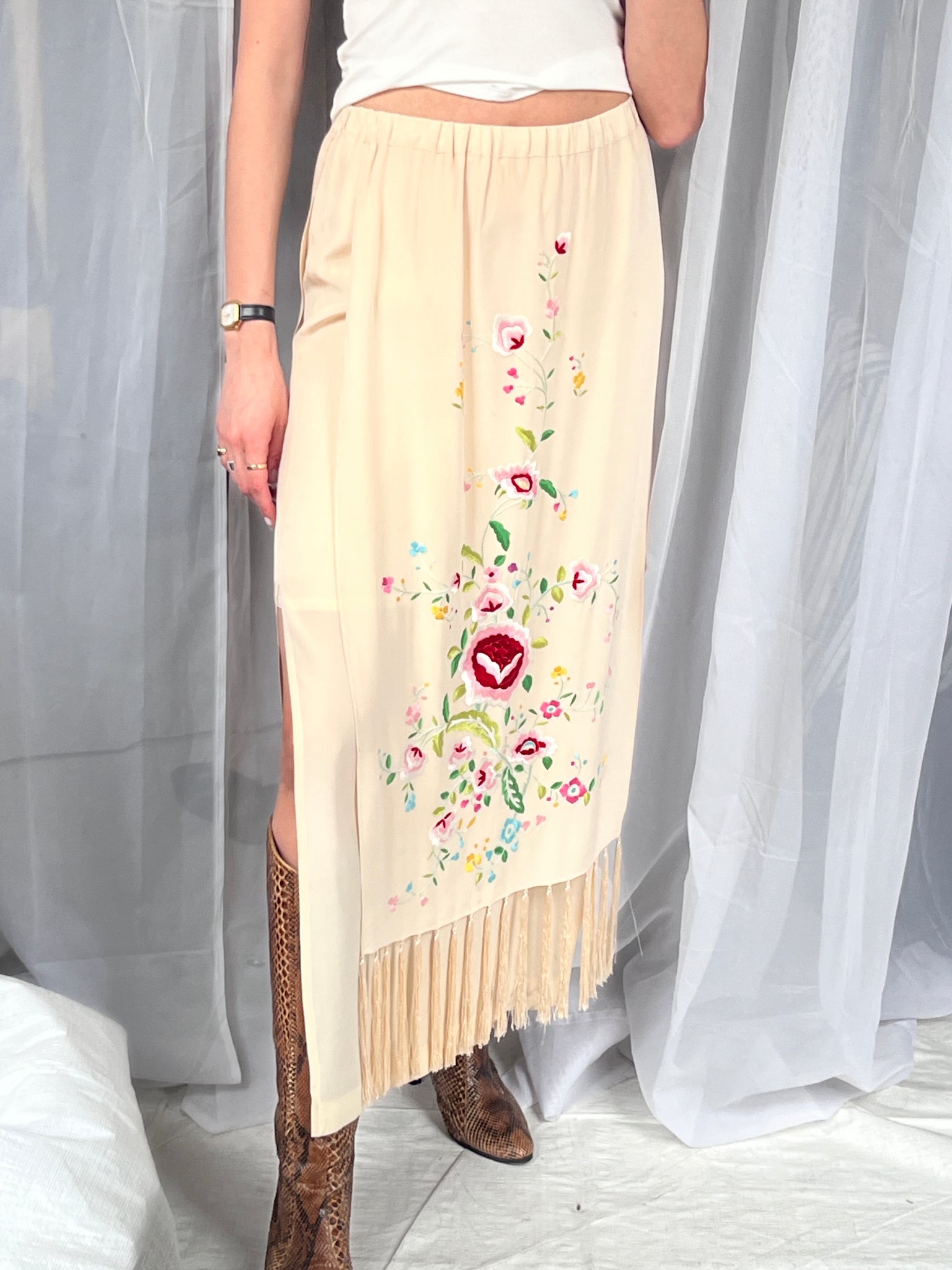 Sue Wong Silk Embroidered Floral Tassle Skirt