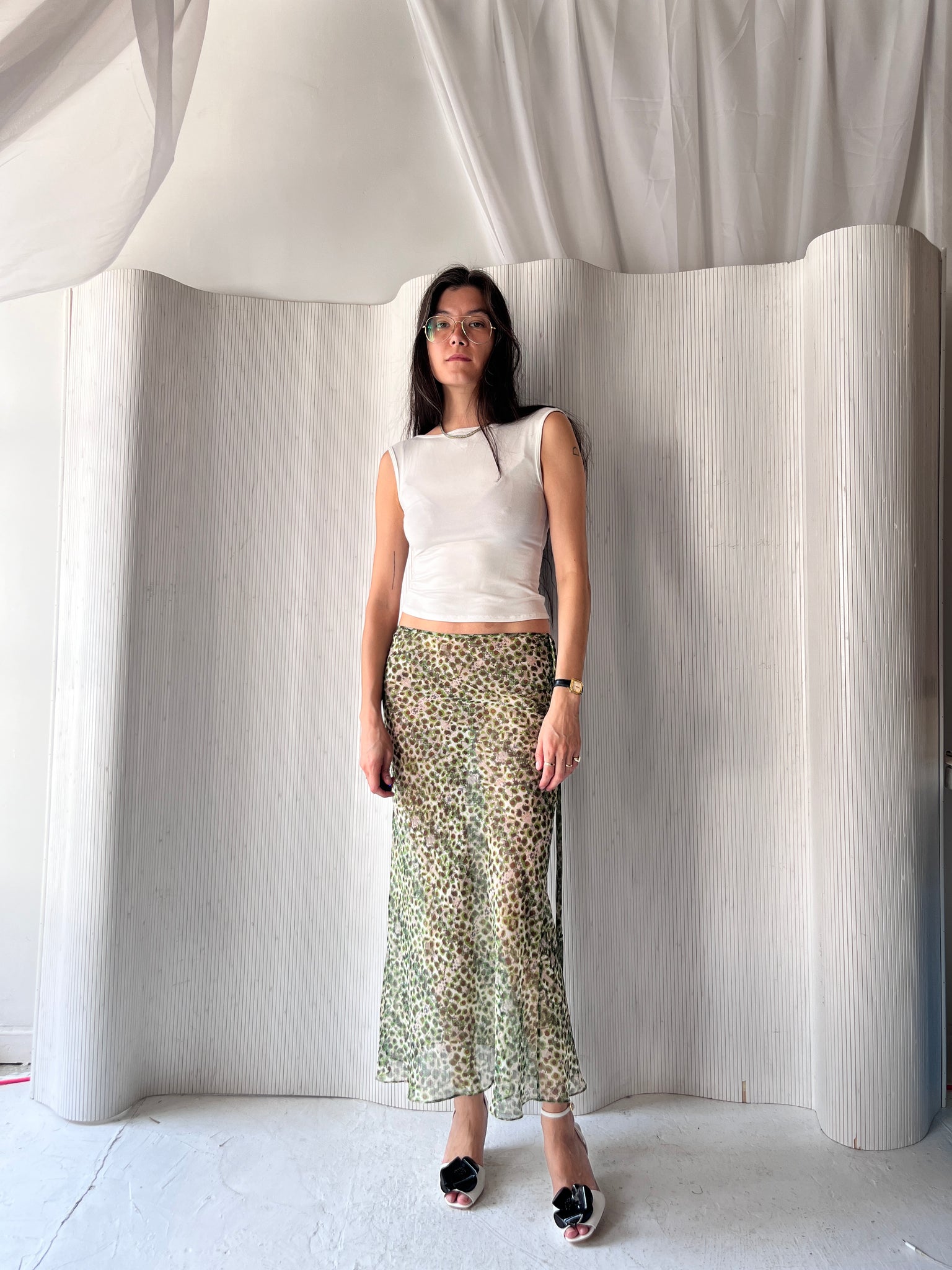 Siedres sheer green floral skirt