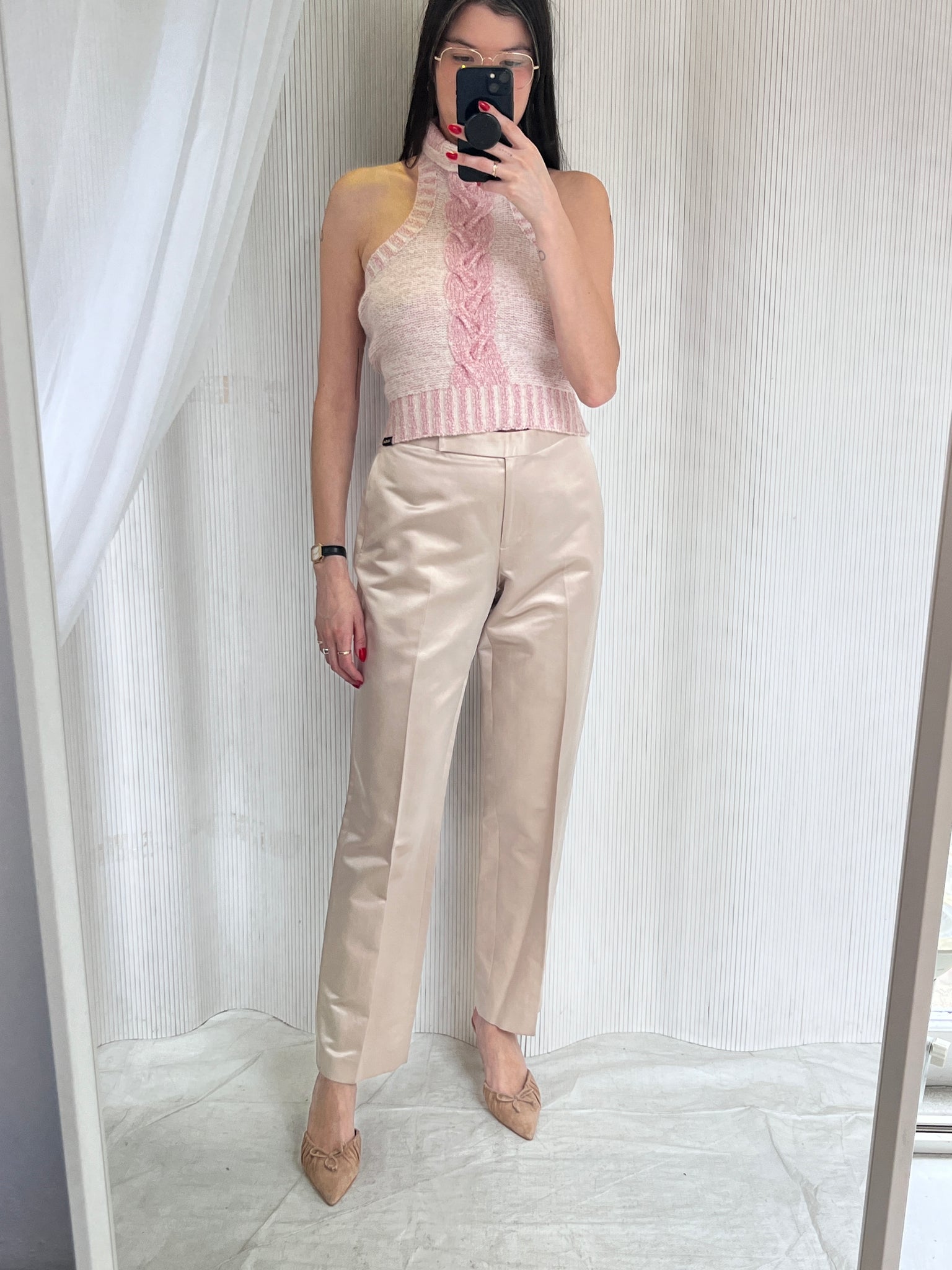 1990s DKNY Silk Champagne Cropped Pants