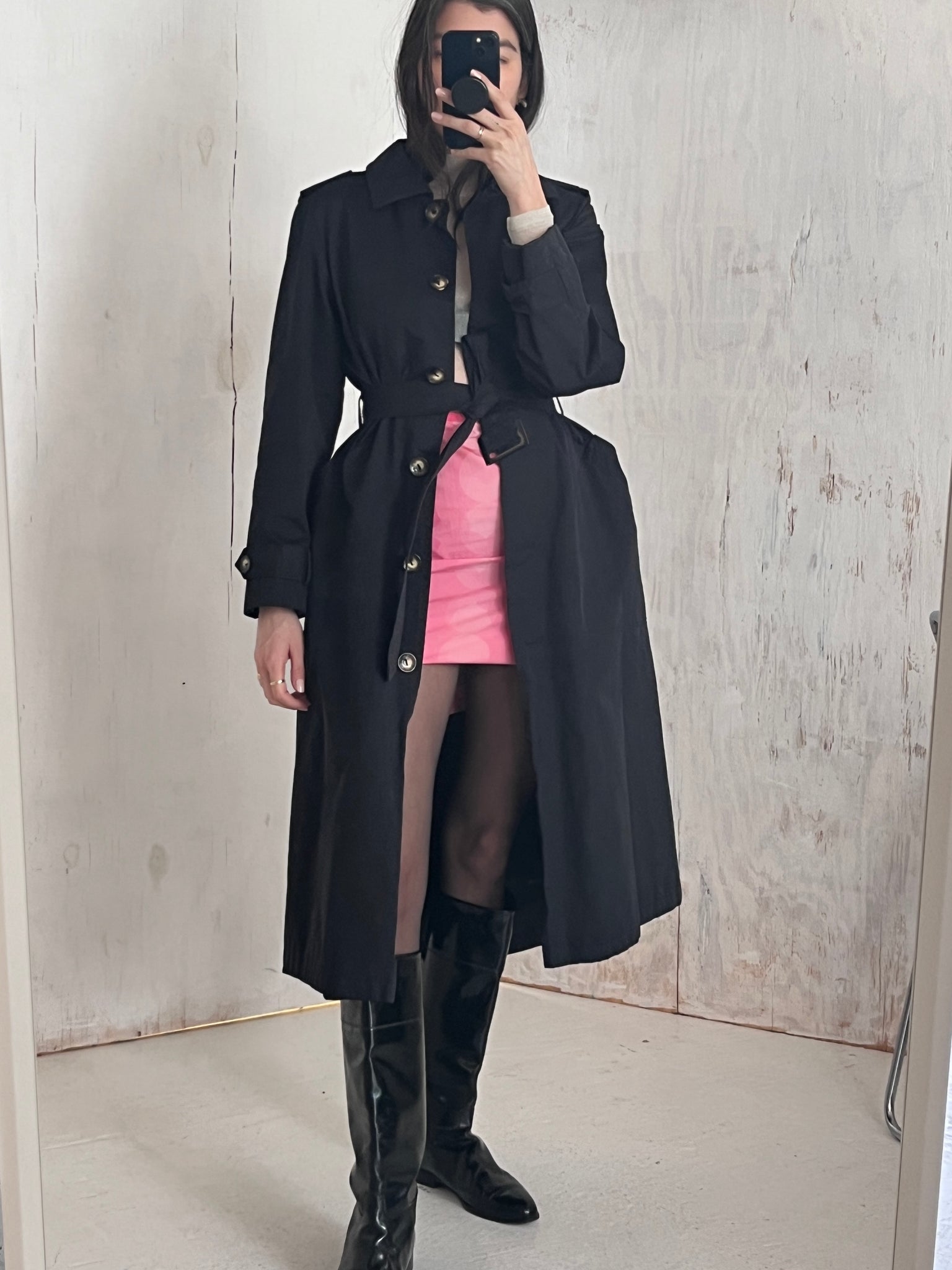 90s DKNY Matte Black Trench Coat Dress