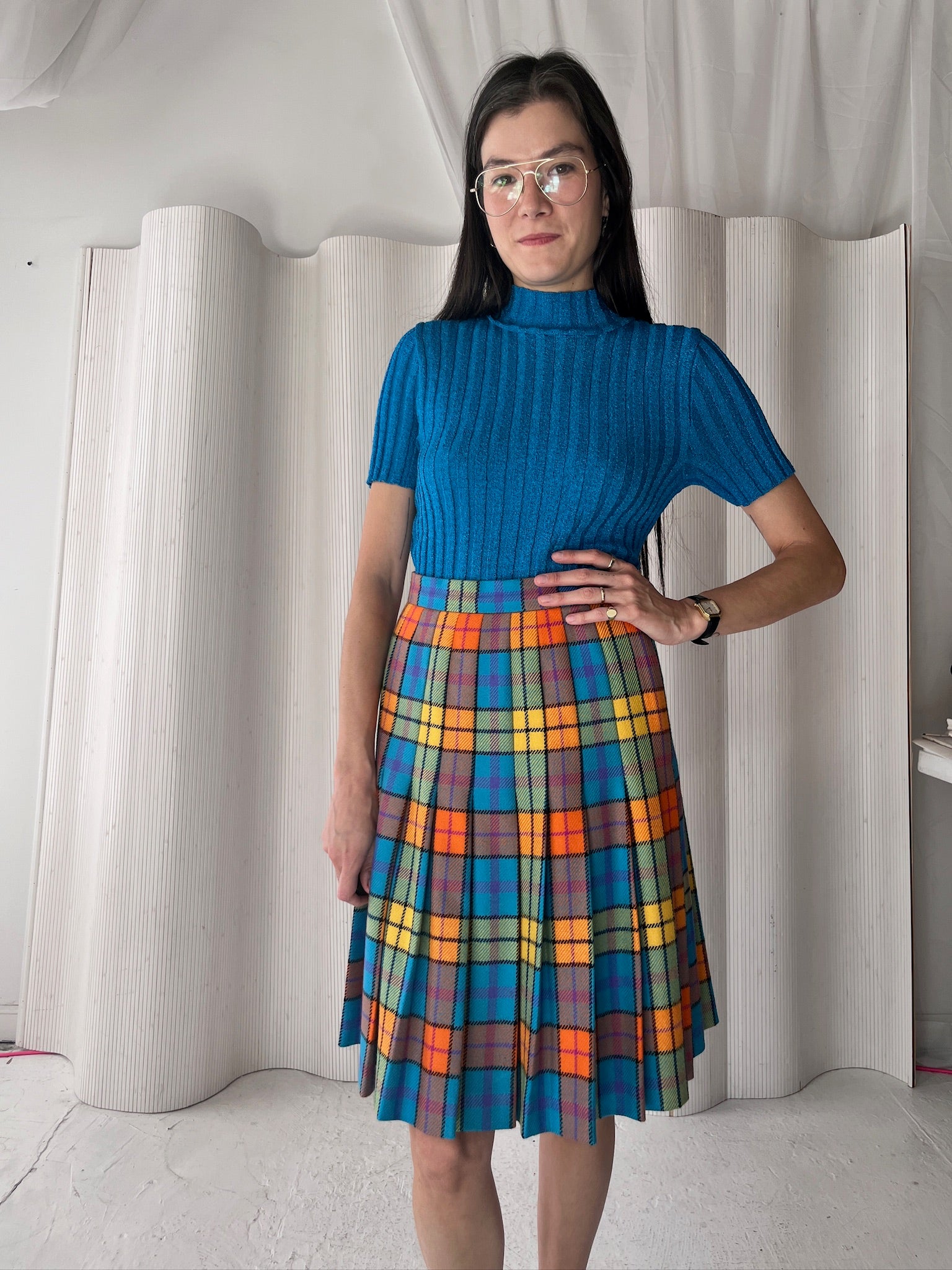 Escada Colorful Plaid Pleated Skirt