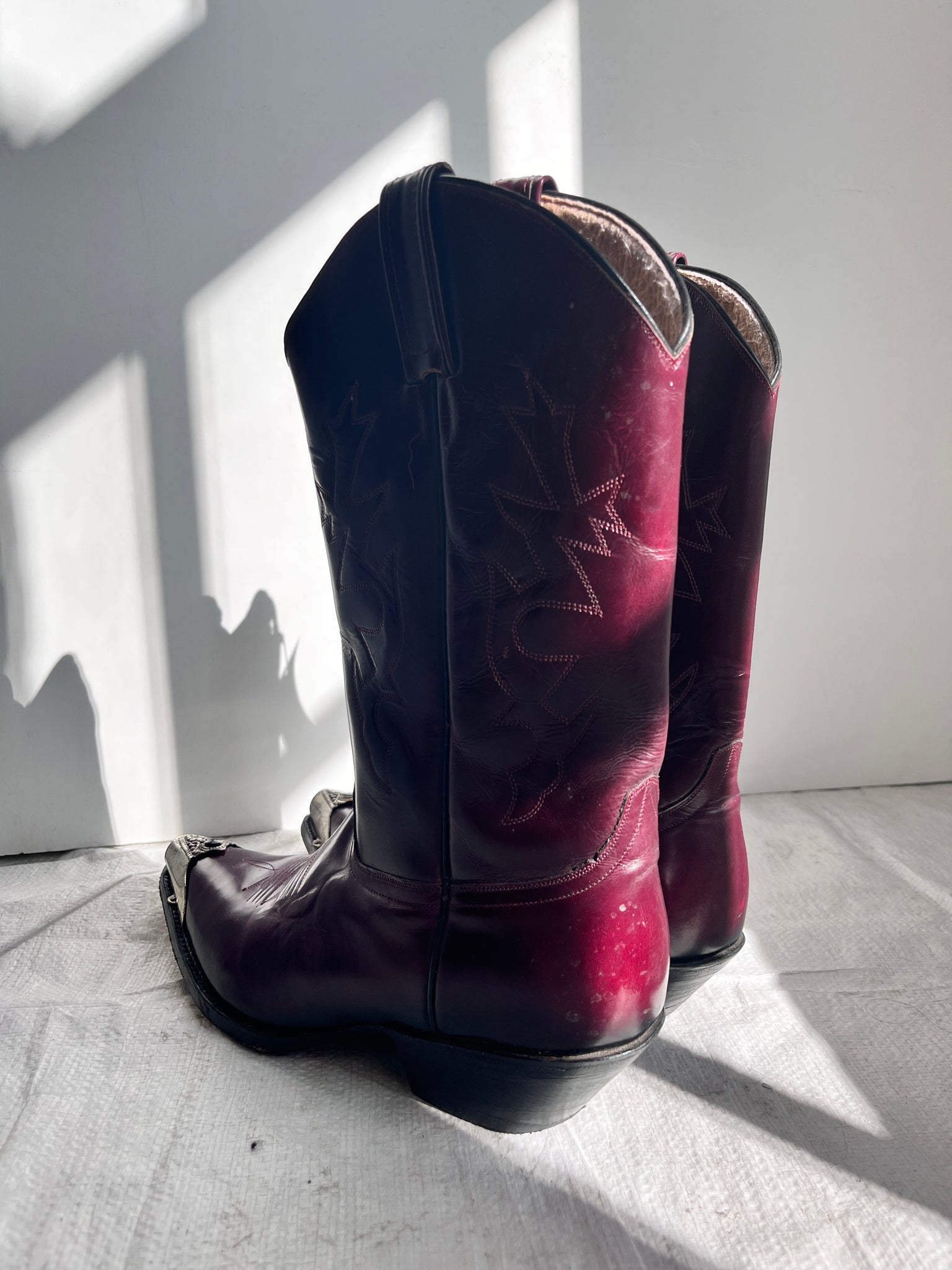 Merlot Cowboy Boots with Silver and Black Gem Detail