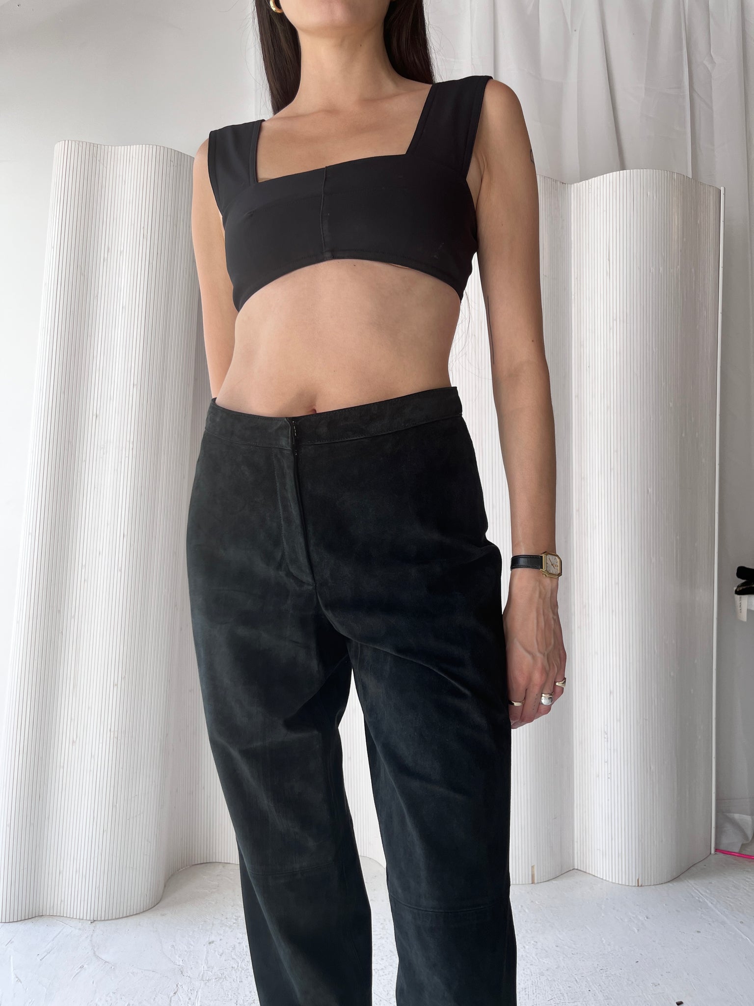 Black suede low rise pants