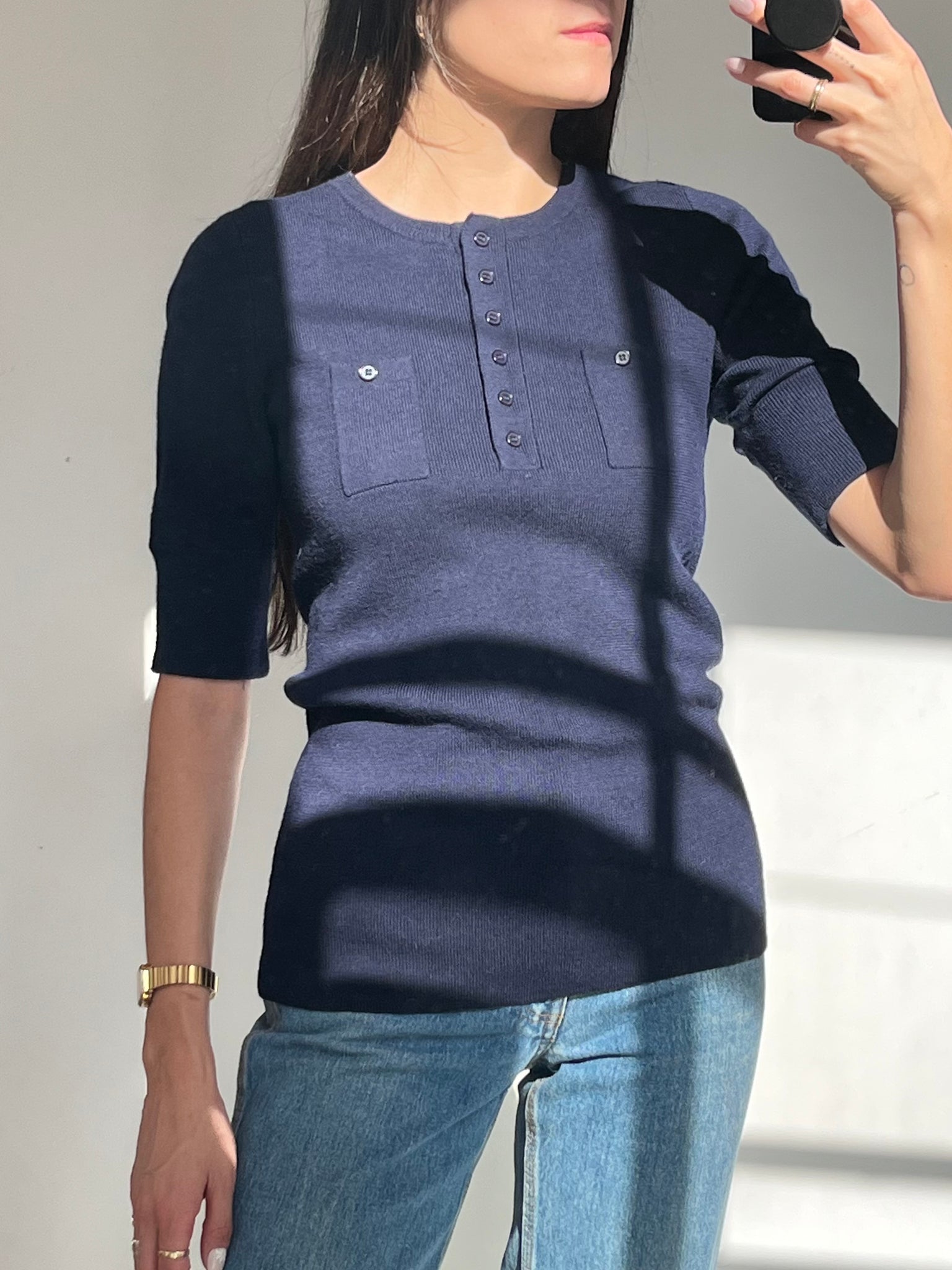 Vintage Navy Wool Knit Short Sleeve Top with Front Pocket