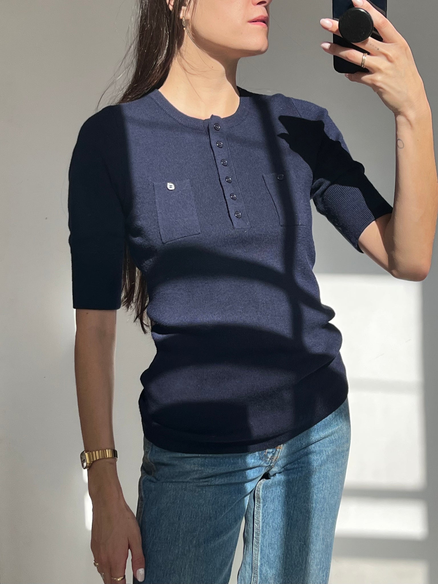 Vintage Navy Wool Knit Short Sleeve Top with Front Pocket
