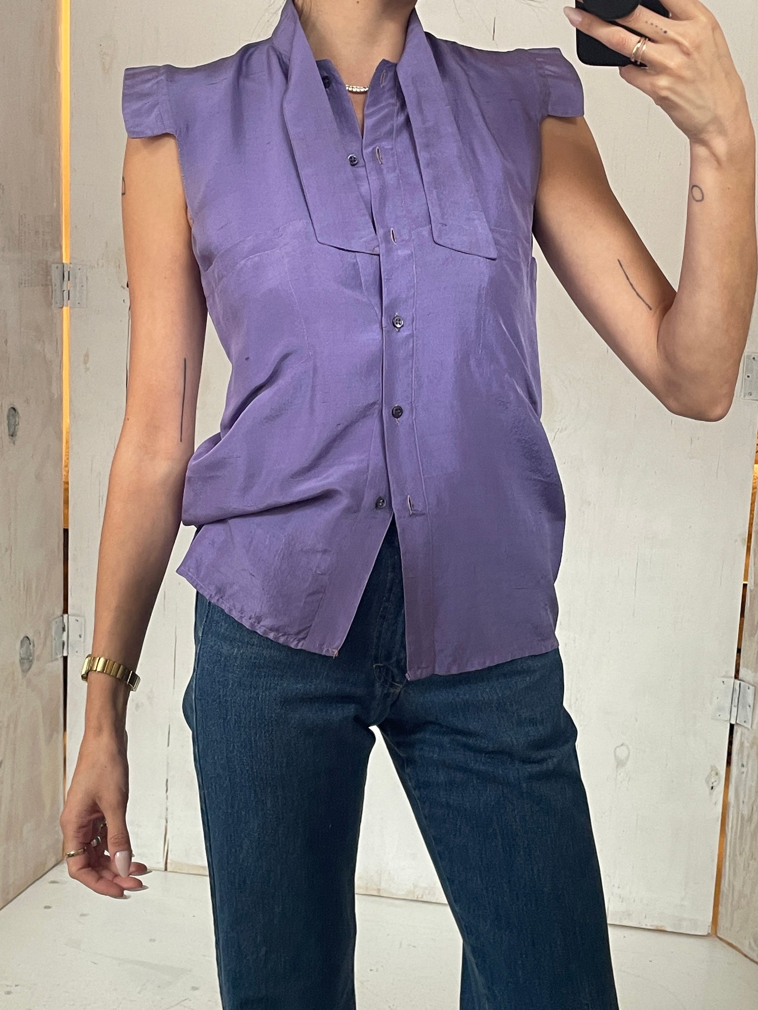 80s Thierry Mugler Purple Silk Sleeveless Blouse