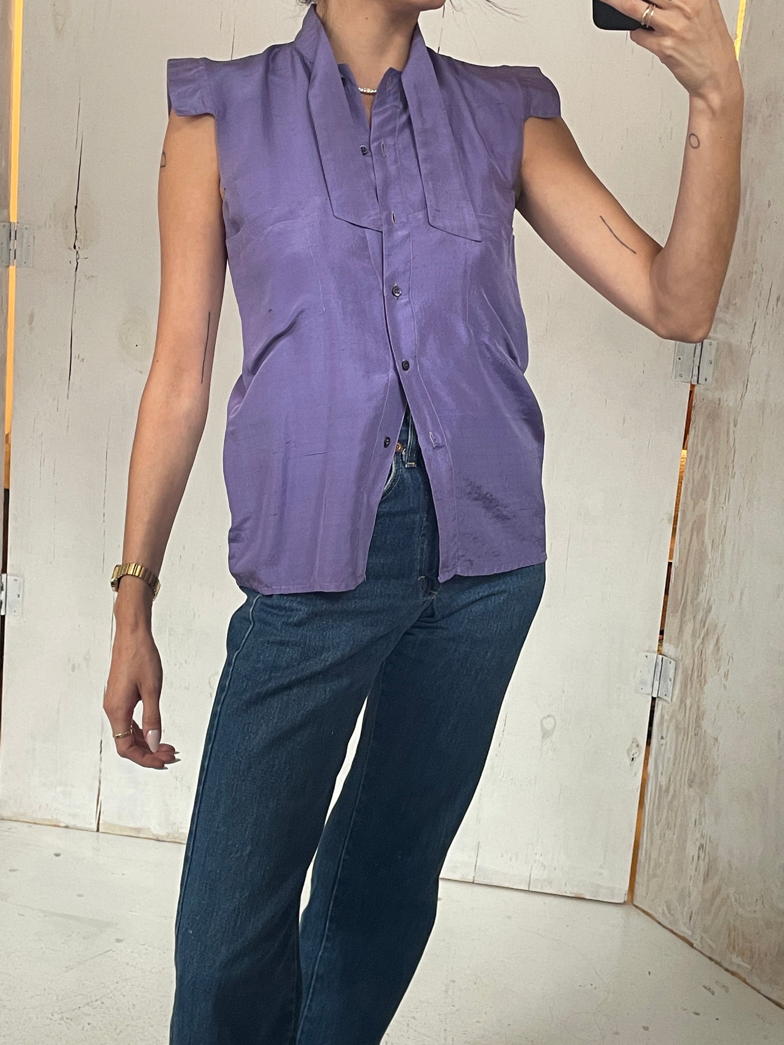 80s Thierry Mugler Purple Silk Sleeveless Blouse