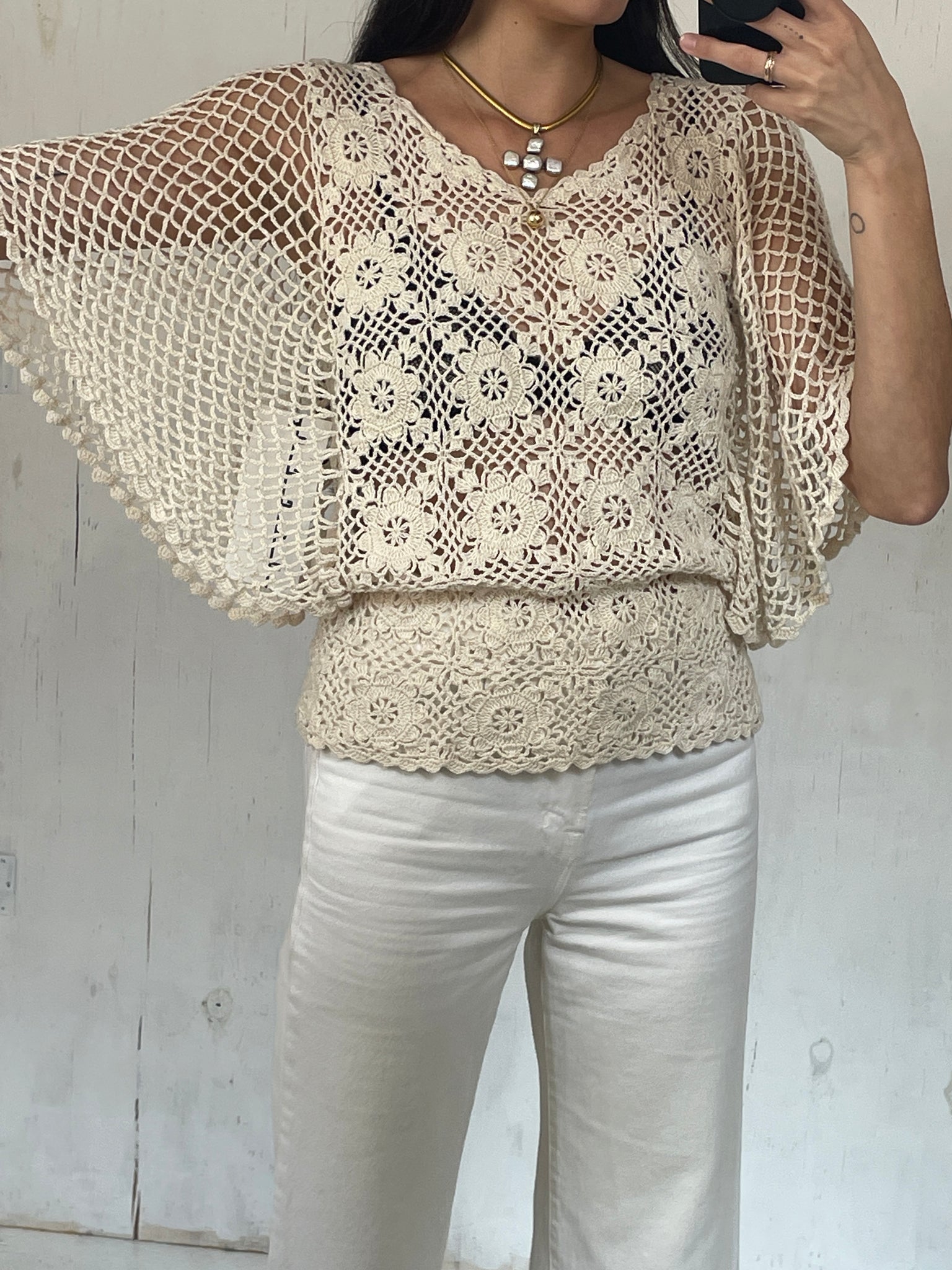 1970s Butterfly Sleeve Crochet Lace Top