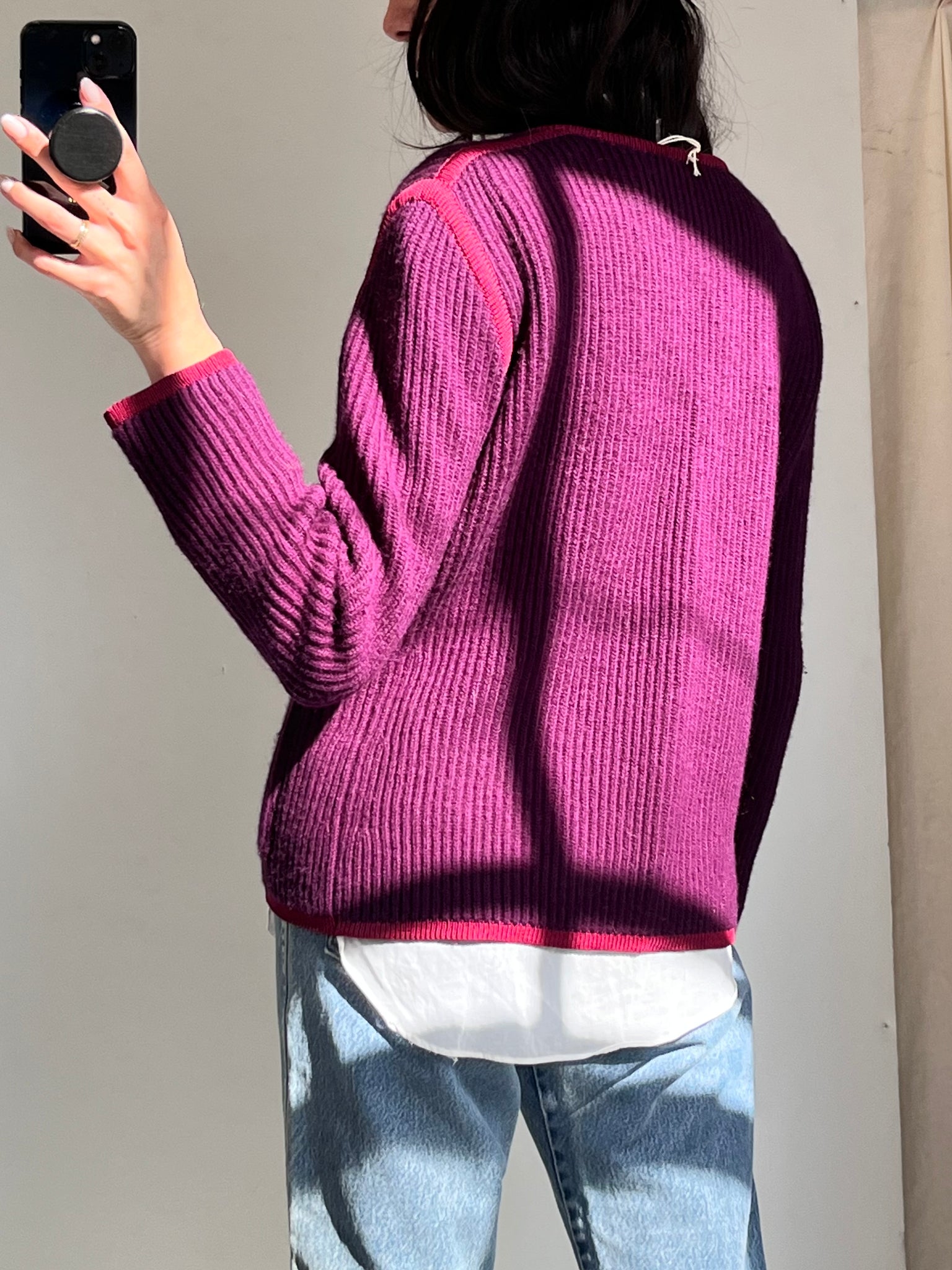 Vintage 80s YSL Rive Gauche purple wool cardigan with covered edge