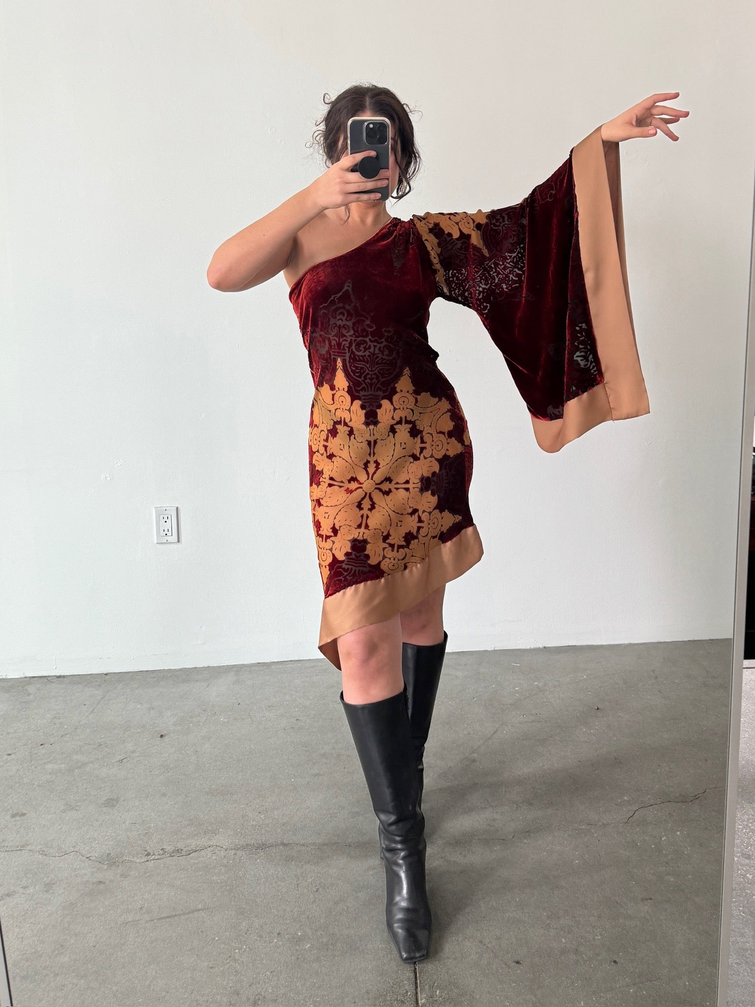 Vintage Silk Velvet Burnout Dress with One Shoulder Giant Bell Sleeve