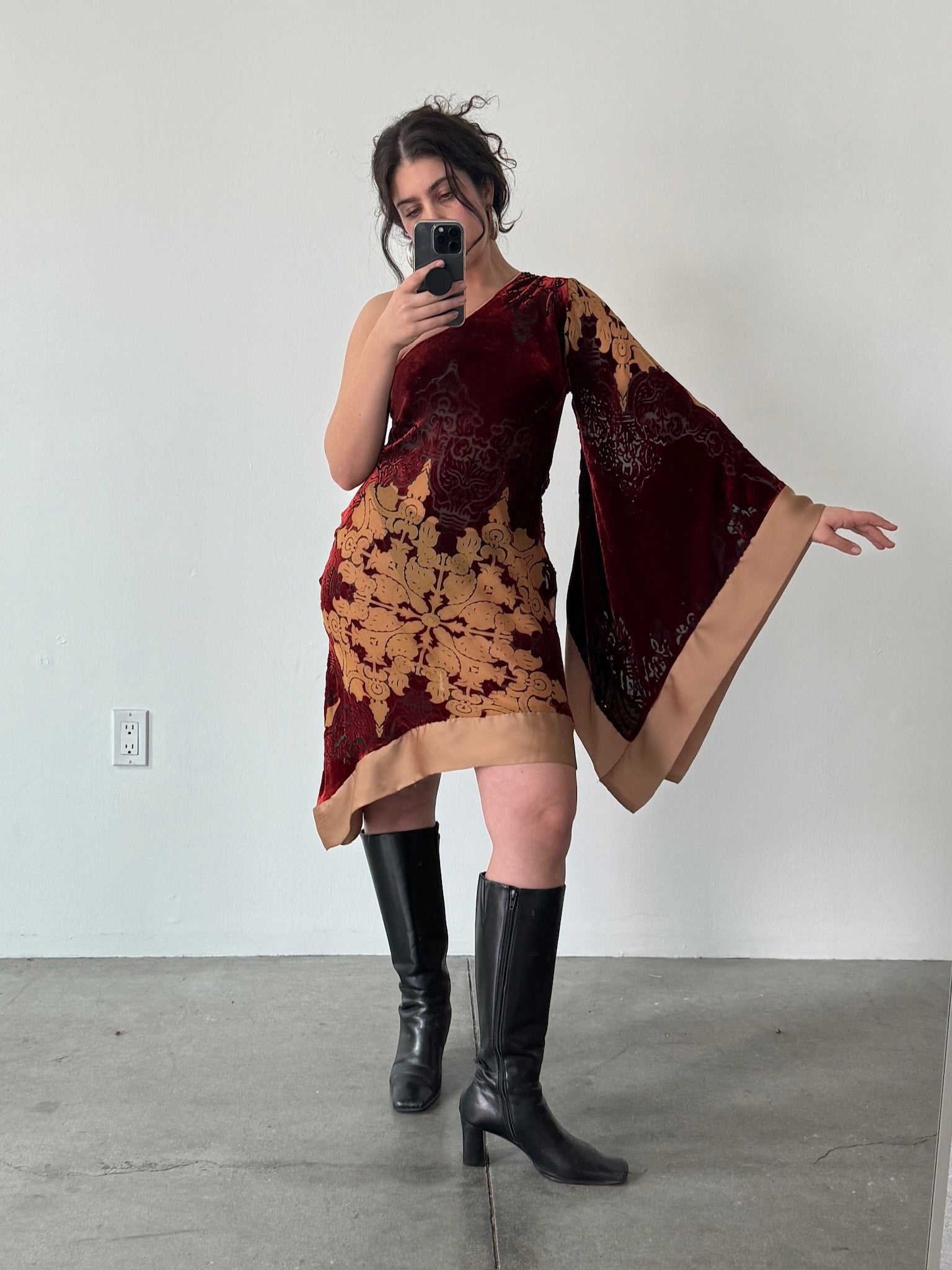 Vintage Silk Velvet Burnout Dress with One Shoulder Giant Bell Sleeve
