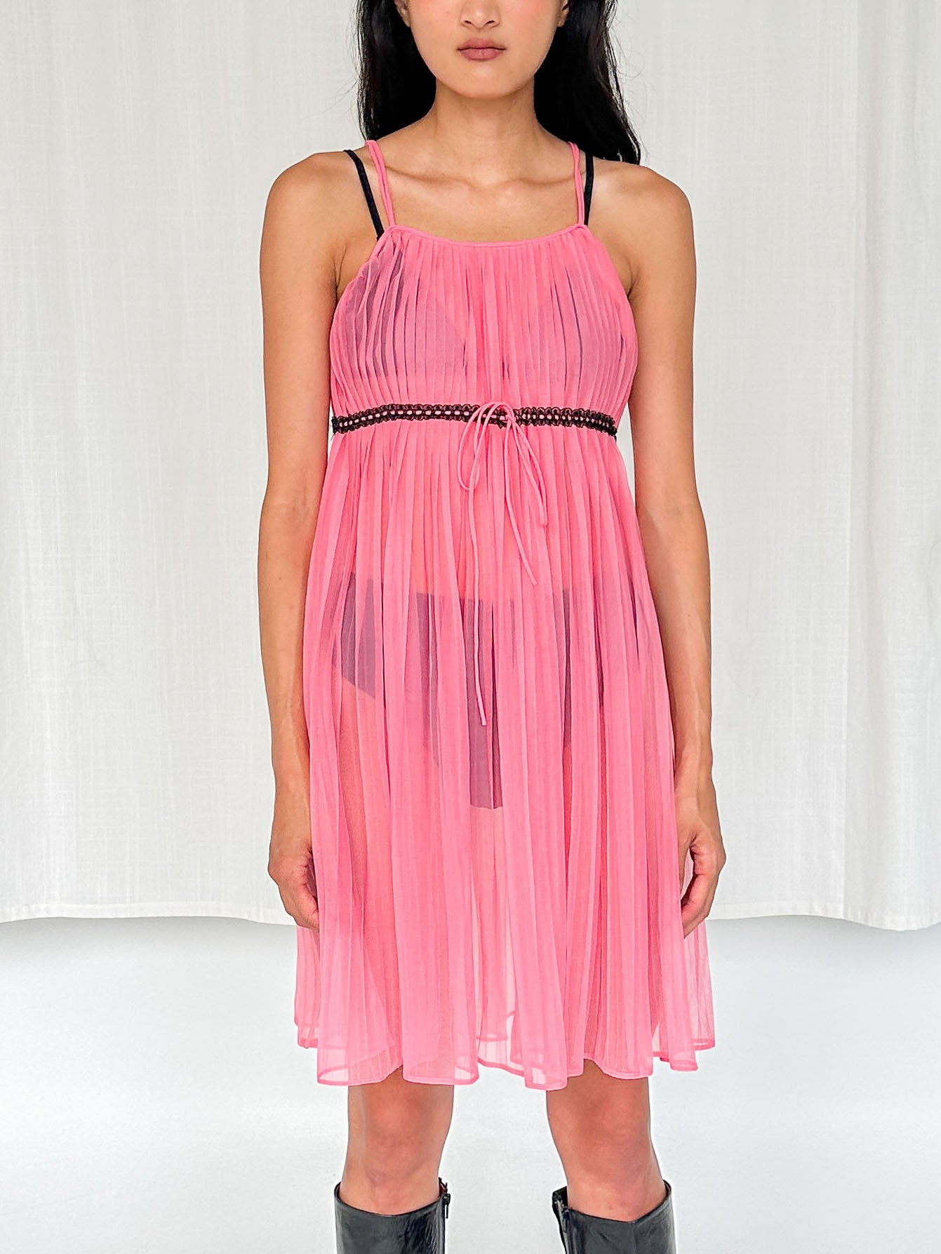 Pink Pleated Sheer Slip Dress (S)