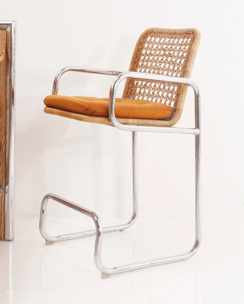 Wicker & Chrome Bar Chair, 1970s