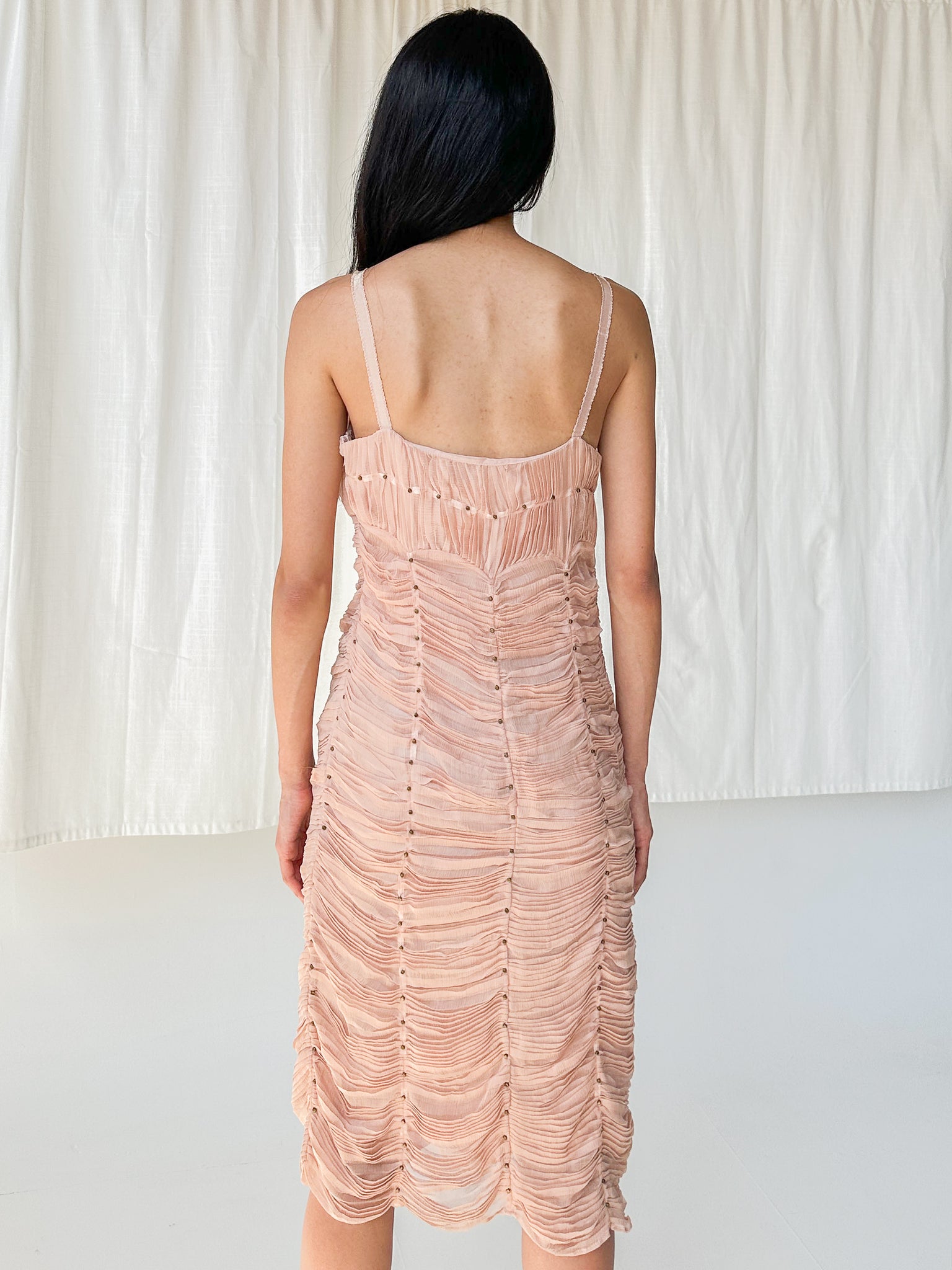 Y2K Catherine Maladrino Pink Silk Chiffon Ruched Dress (XS)