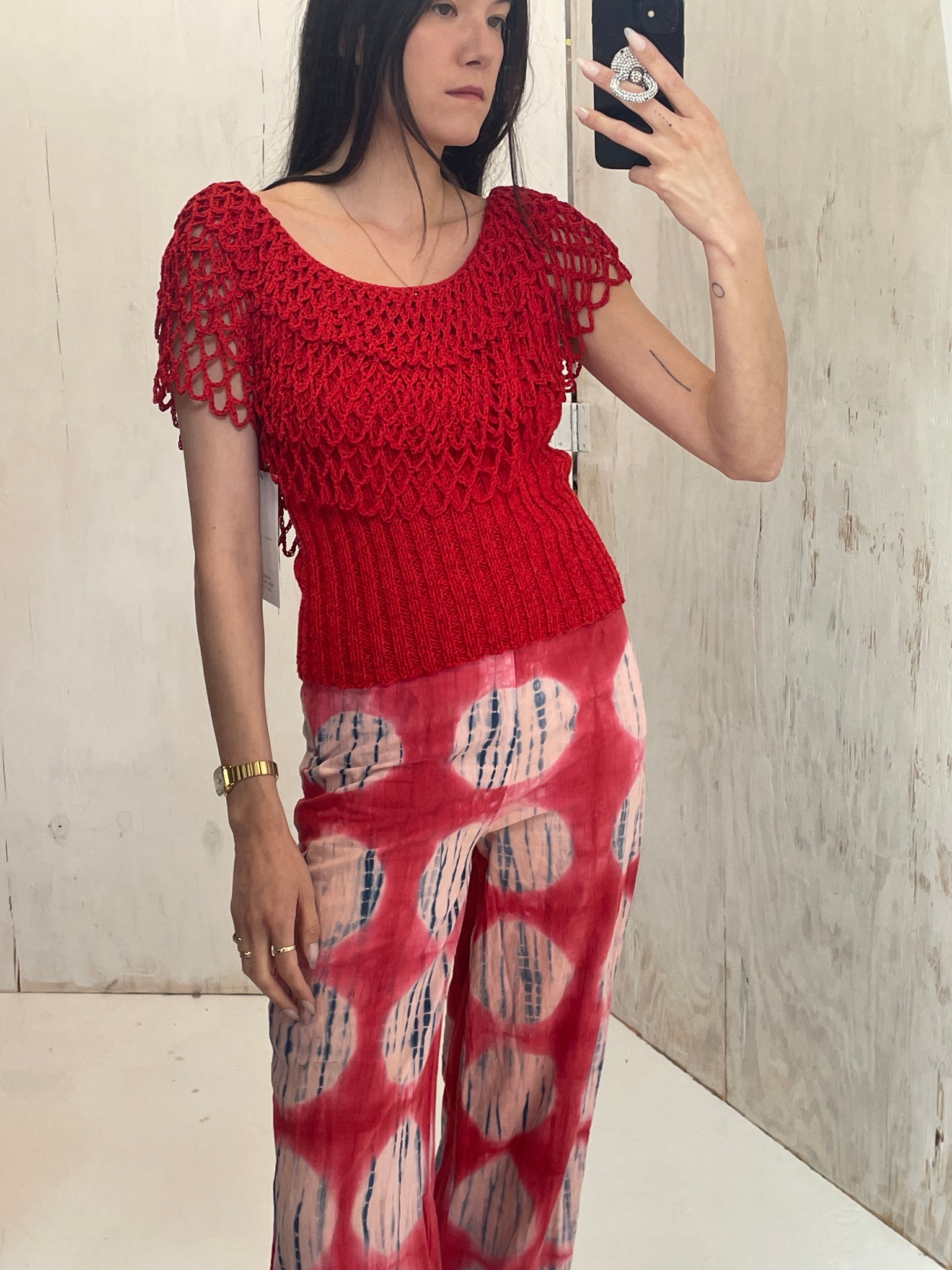 Nannell Tiered Red Crochet Knit Top