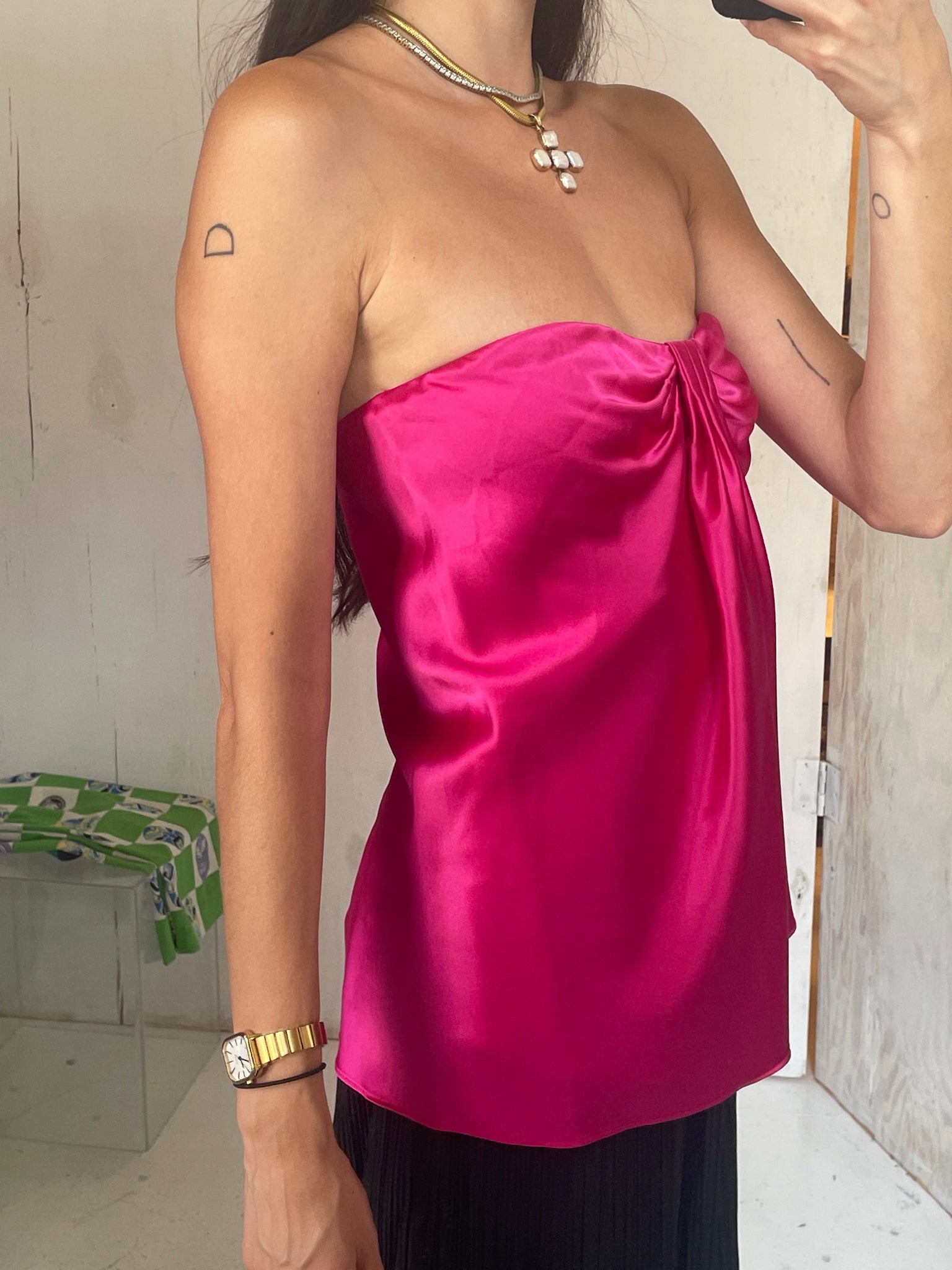 Y2K DKNY strapless hot pink silk top