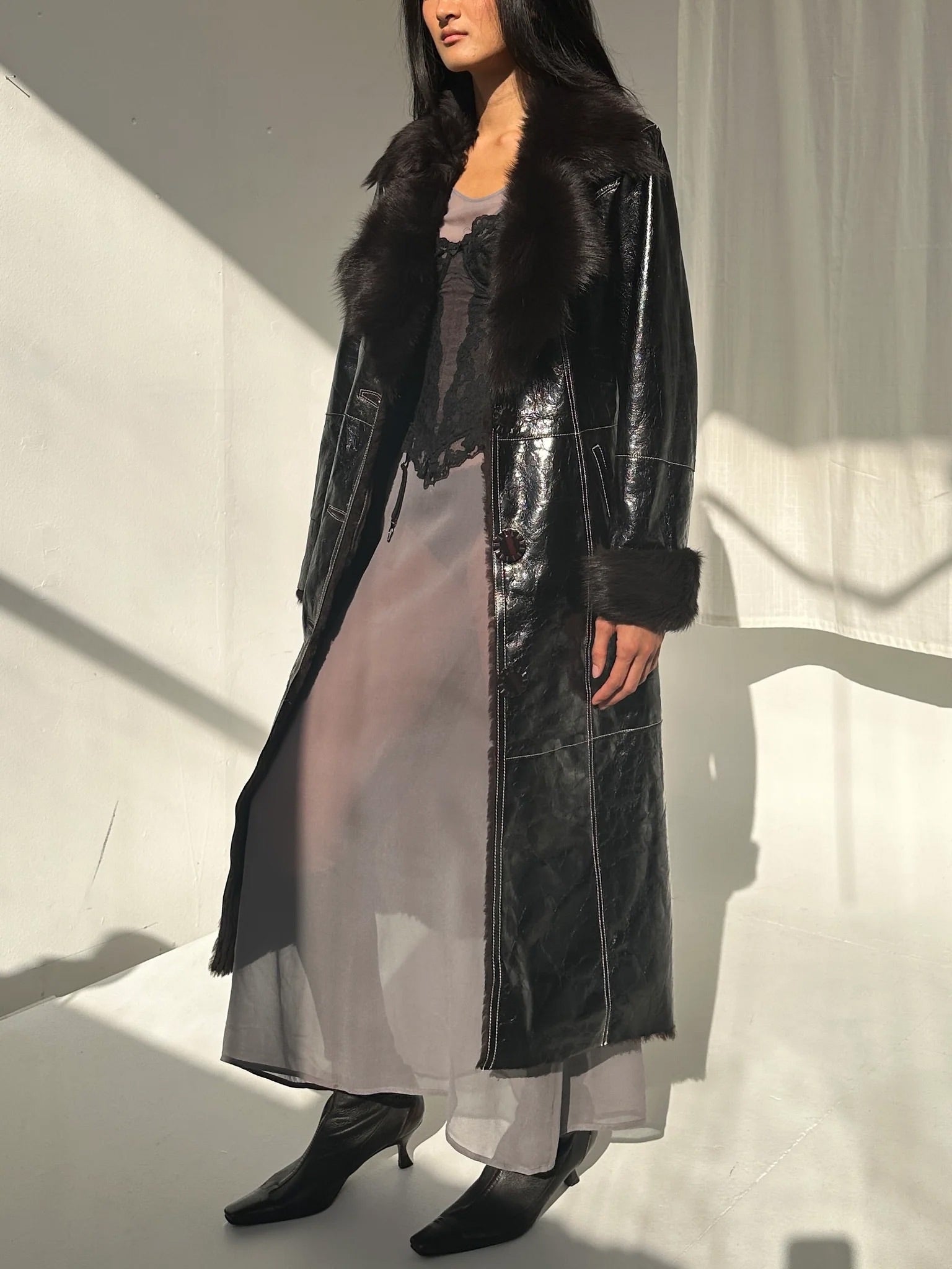 Black Patent Leather Toscana Shearling Long Coat (XS-S) - 1
