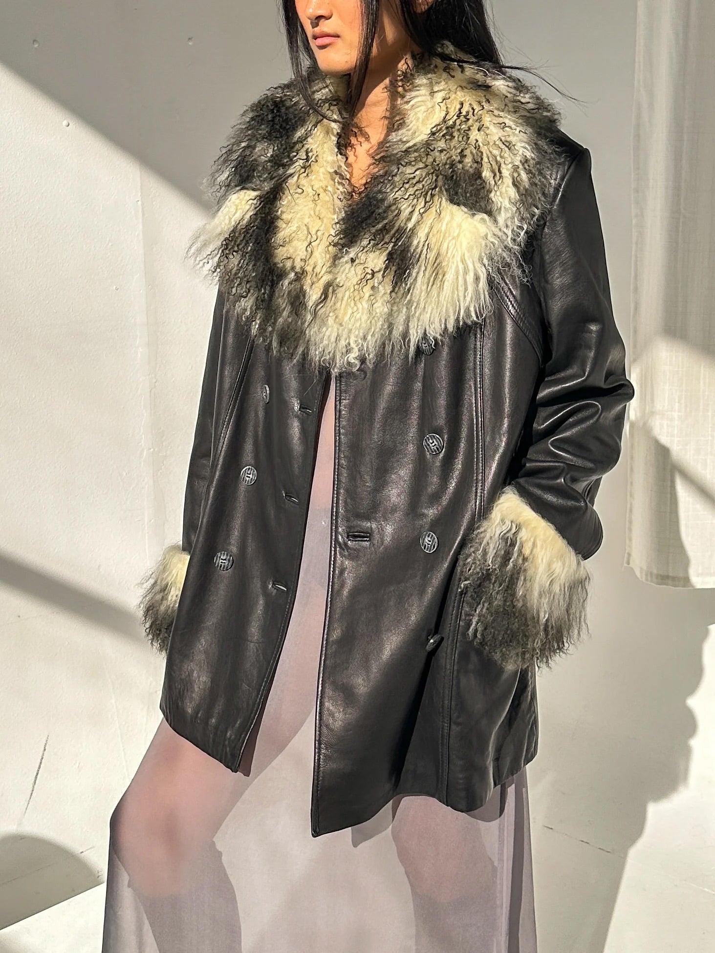 Mongolian Fur Trim Leather Coat (M) - 1