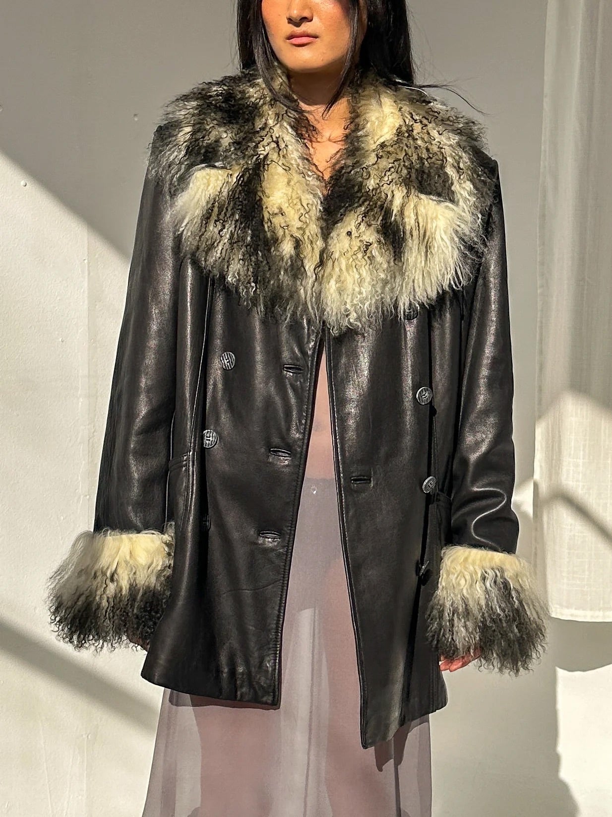 Mongolian Fur Trim Leather Coat (M) - 2