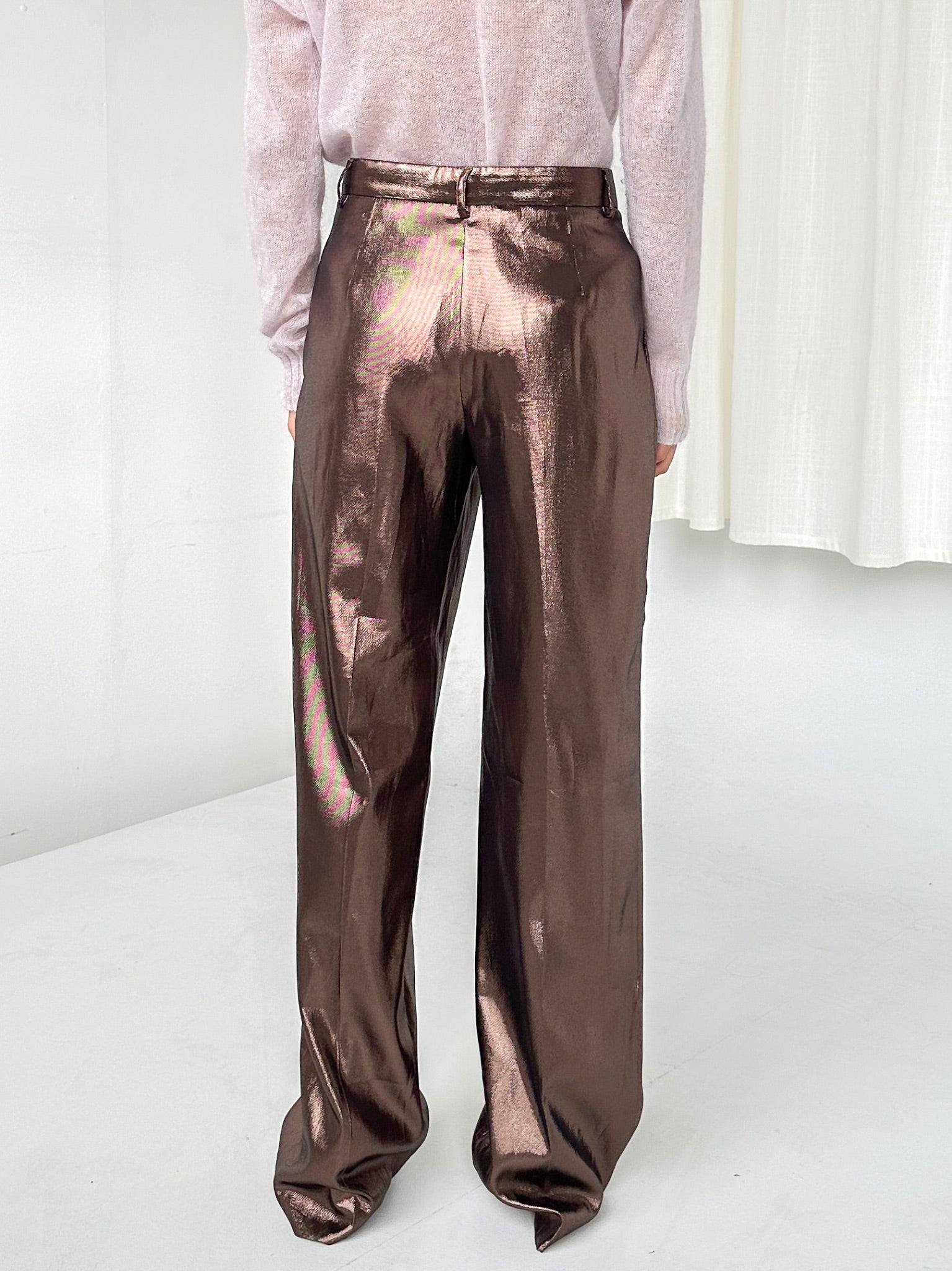 Alberta Ferretti Bronze Silk Lamé Trousers (M-L) - 4