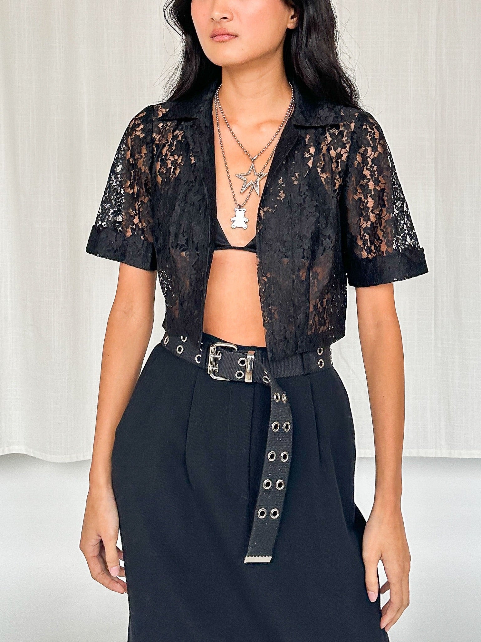 Black Sheer Lace Cropped Cardigan (S) - 1
